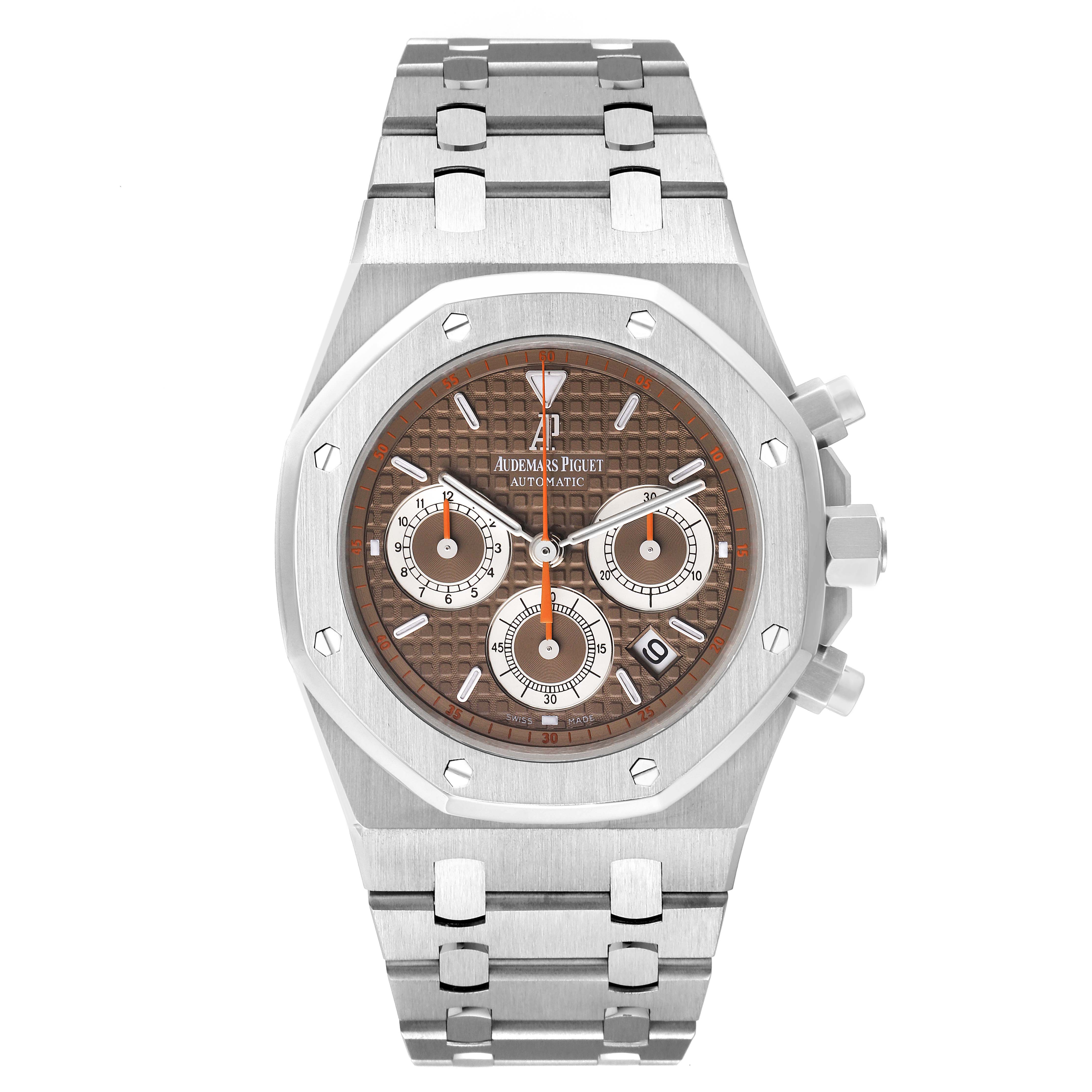 This image shows a front view of the Audemars Piguet Royal Oak 26300ST.OO.1110ST.08 Men's Stainless Steel Brown Dial 26300ST.OO.1110ST.08 Men's Stainless Steel Brown Dial watch, highlighting its dial, case, and bracelet.