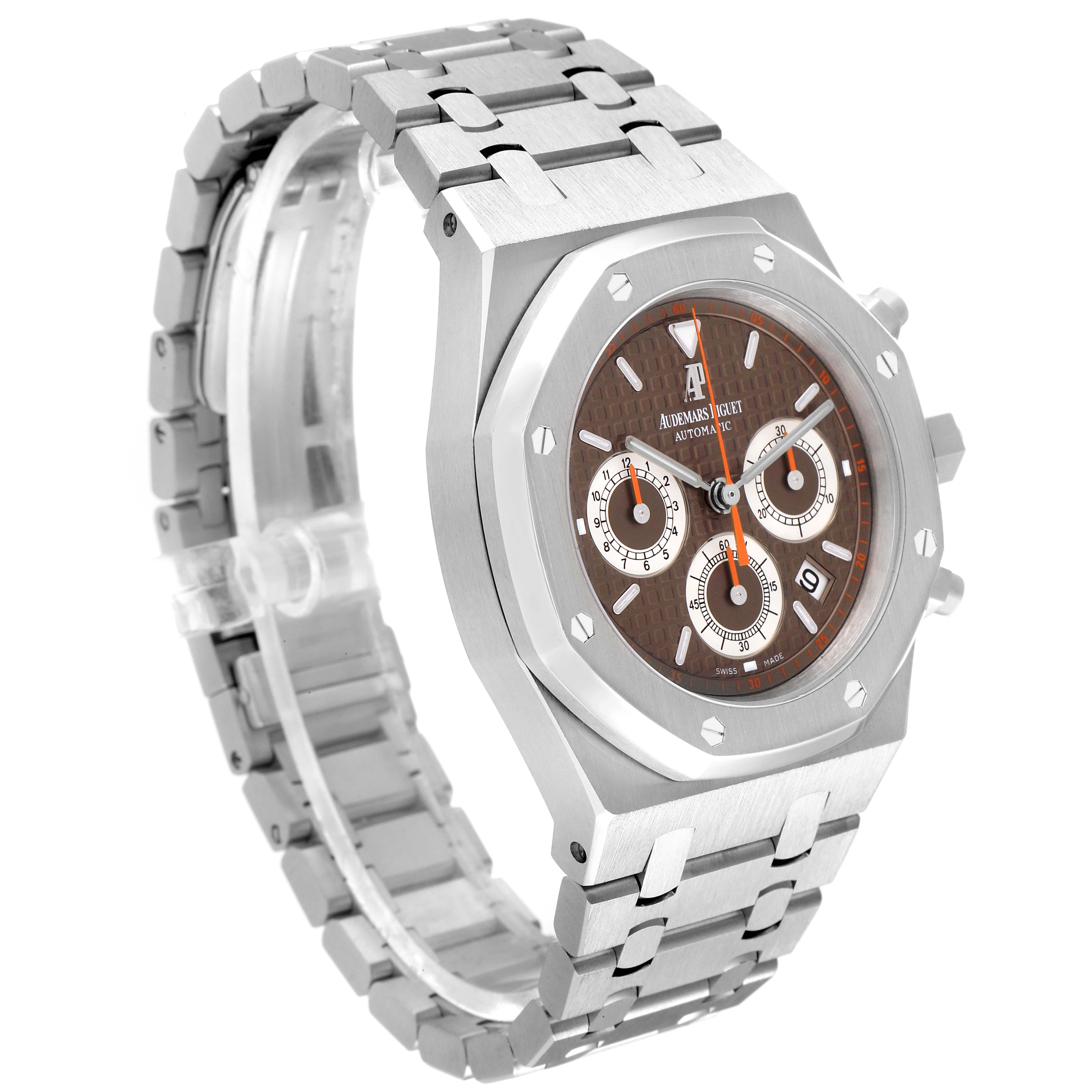 The image shows a side angle of an Audemars Piguet Royal Oak 26300ST.OO.1110ST.08 Men's Stainless Steel Brown Dial 26300ST.OO.1110ST.08 Men's Stainless Steel Brown Dial watch, highlighting the face and metal bracelet.