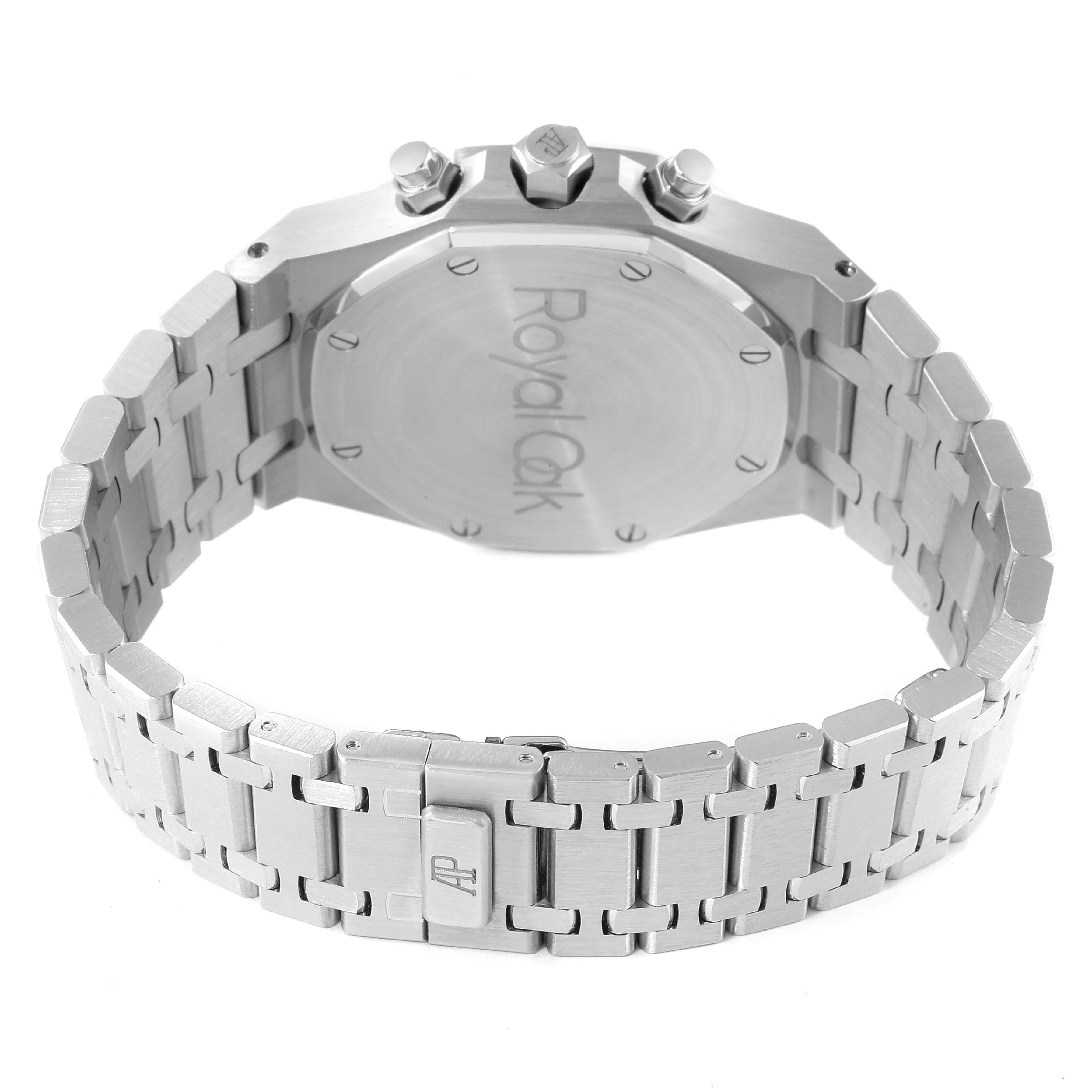 This image displays the case back and bracelet of an Audemars Piguet Royal Oak 26300ST.OO.1110ST.08 Men's Stainless Steel Brown Dial 26300ST.OO.1110ST.08 Men's Stainless Steel Brown Dial watch.