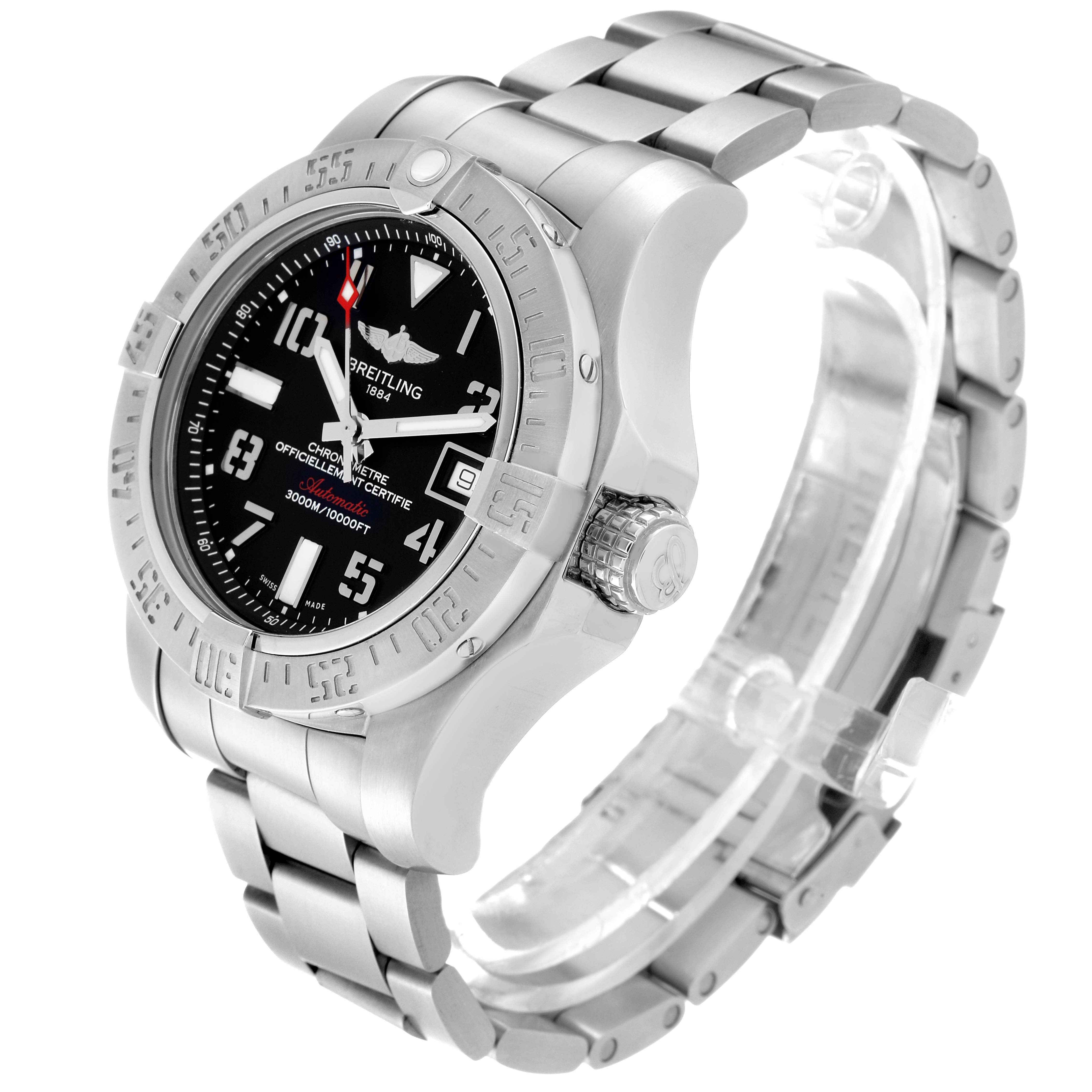 The image shows a Breitling Avenger A17331 Men's Stainless Steel Black Dial A17331 Men's Stainless Steel Black Dial watch angled to display the face, bezel, crown, and stainless steel bracelet.