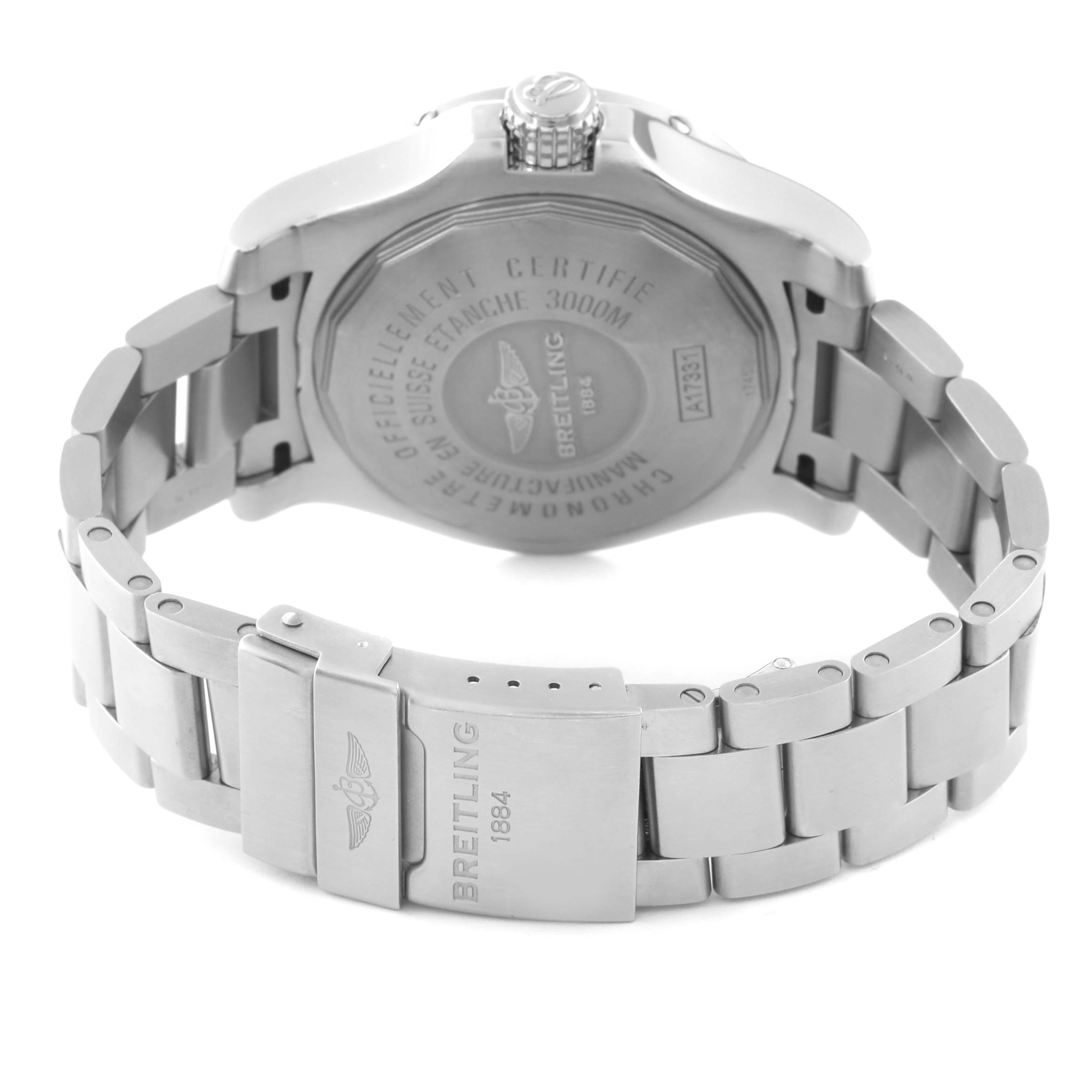 The image shows the back case and bracelet of a Breitling Avenger A17331 Men's Stainless Steel Black Dial A17331 Men's Stainless Steel Black Dial watch from a rear angle.