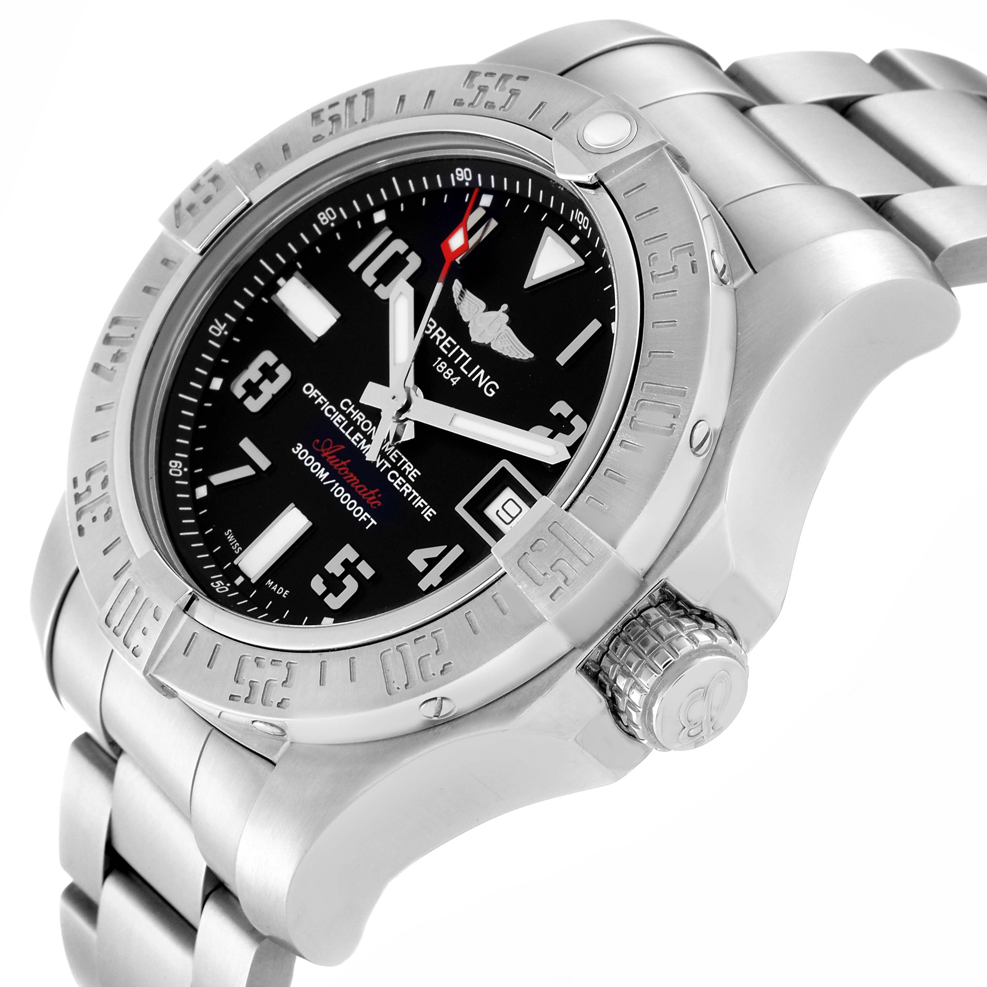 The image shows a Breitling Avenger A17331 Men's Stainless Steel Black Dial A17331 Men's Stainless Steel Black Dial watch at a three-quarter angle, highlighting the dial, bezel, crown, and part of the bracelet.