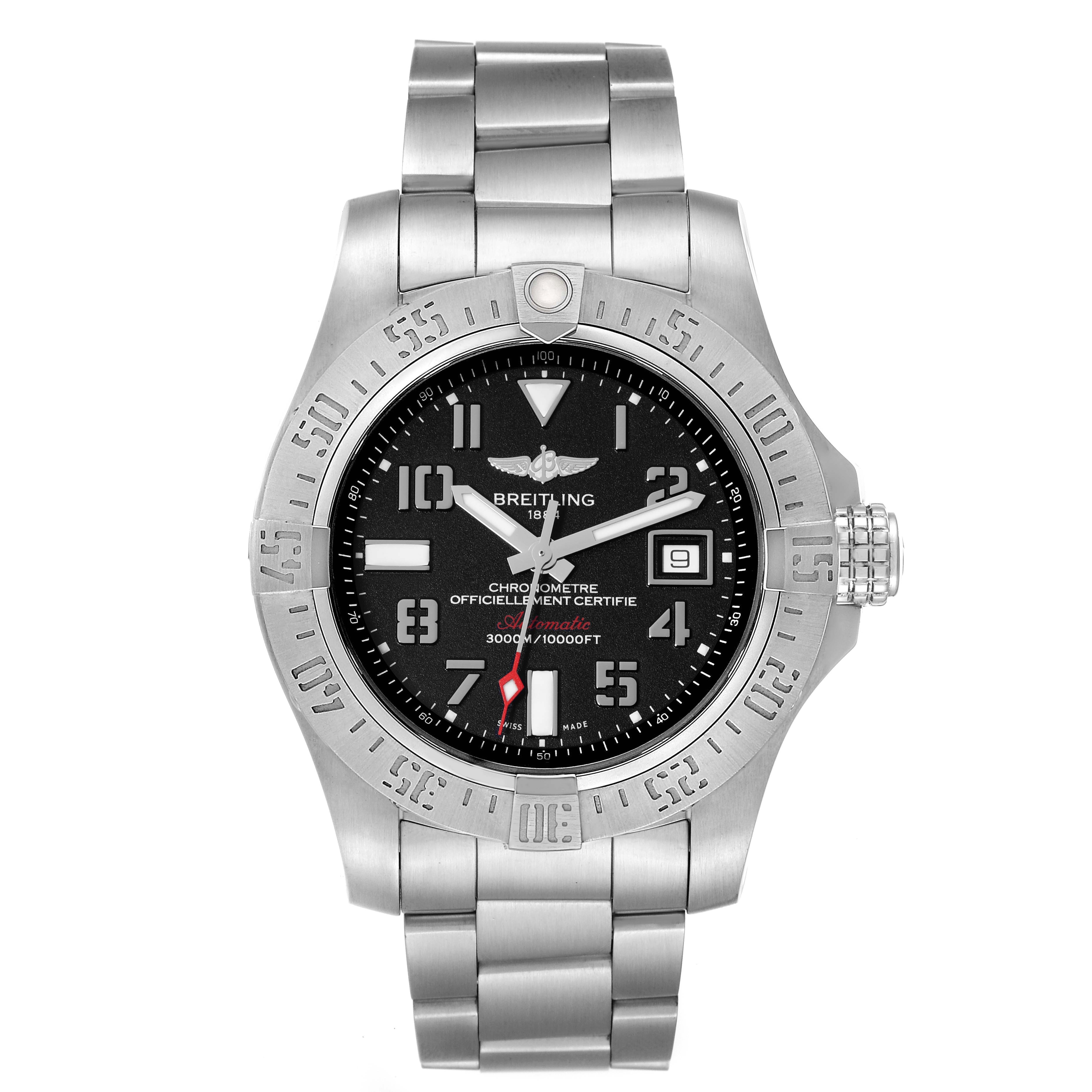 This Breitling Avenger A17331 Men's Stainless Steel Black Dial A17331 Men's Stainless Steel Black Dial watch is shown from a front angle, highlighting its black dial, bezel, crown, and stainless steel bracelet.