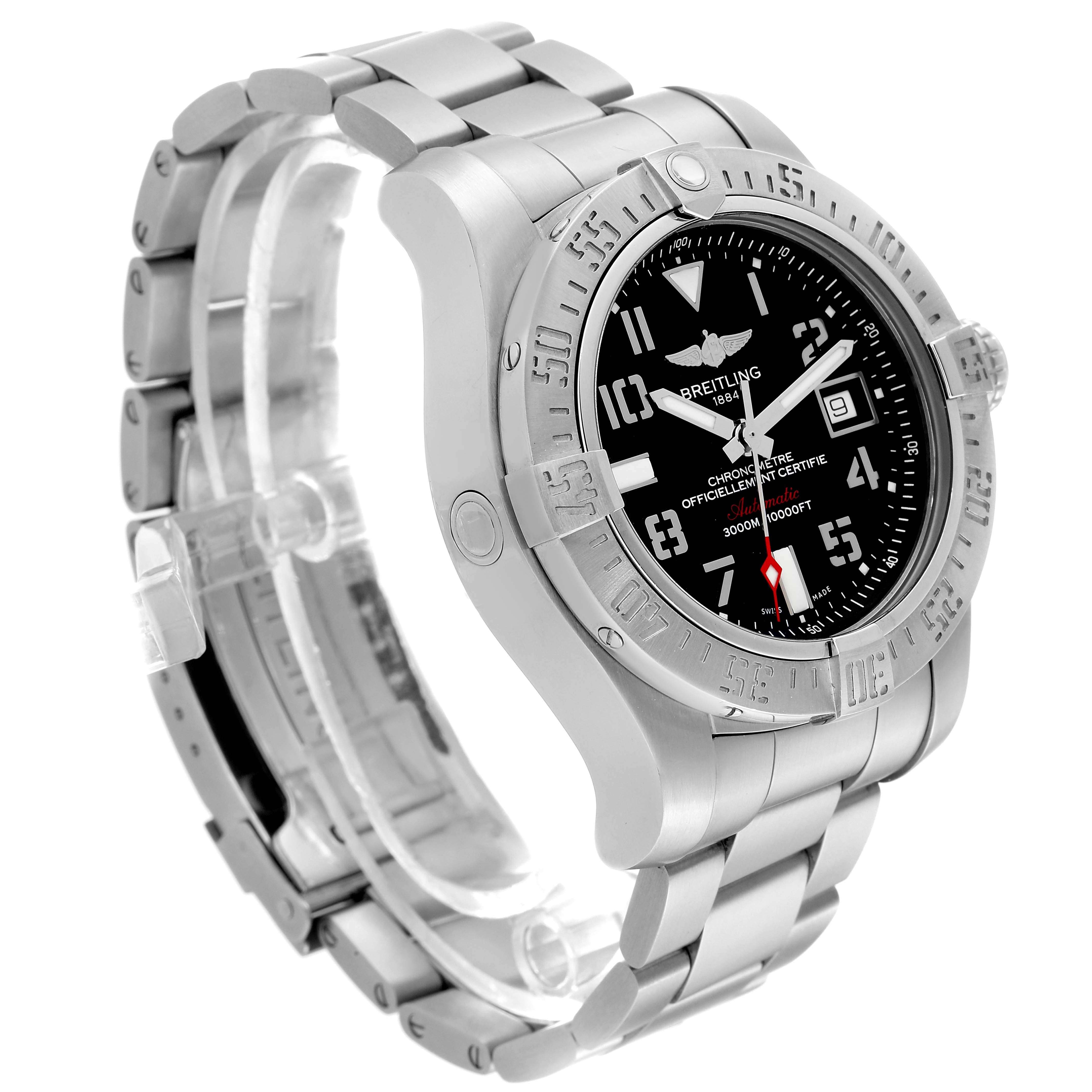 The image shows a Breitling Avenger A17331 Men's Stainless Steel Black Dial A17331 Men's Stainless Steel Black Dial watch at a slight side angle, displaying its bezel, dial, case, and metal bracelet.