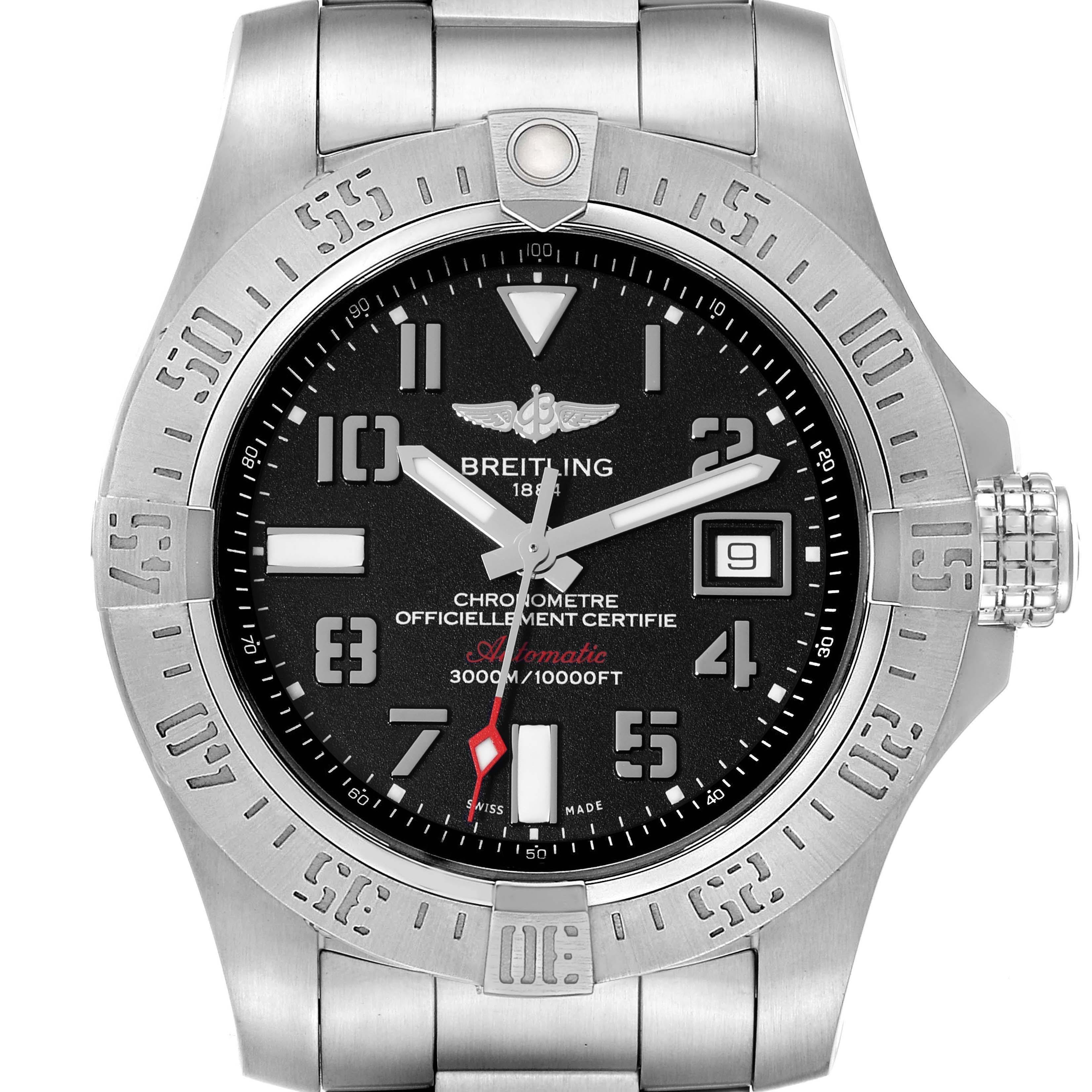 The image shows a front view of a Breitling Avenger A17331 Men's Stainless Steel Black Dial A17331 Men's Stainless Steel Black Dial watch, highlighting its face, bezel, and part of the bracelet.