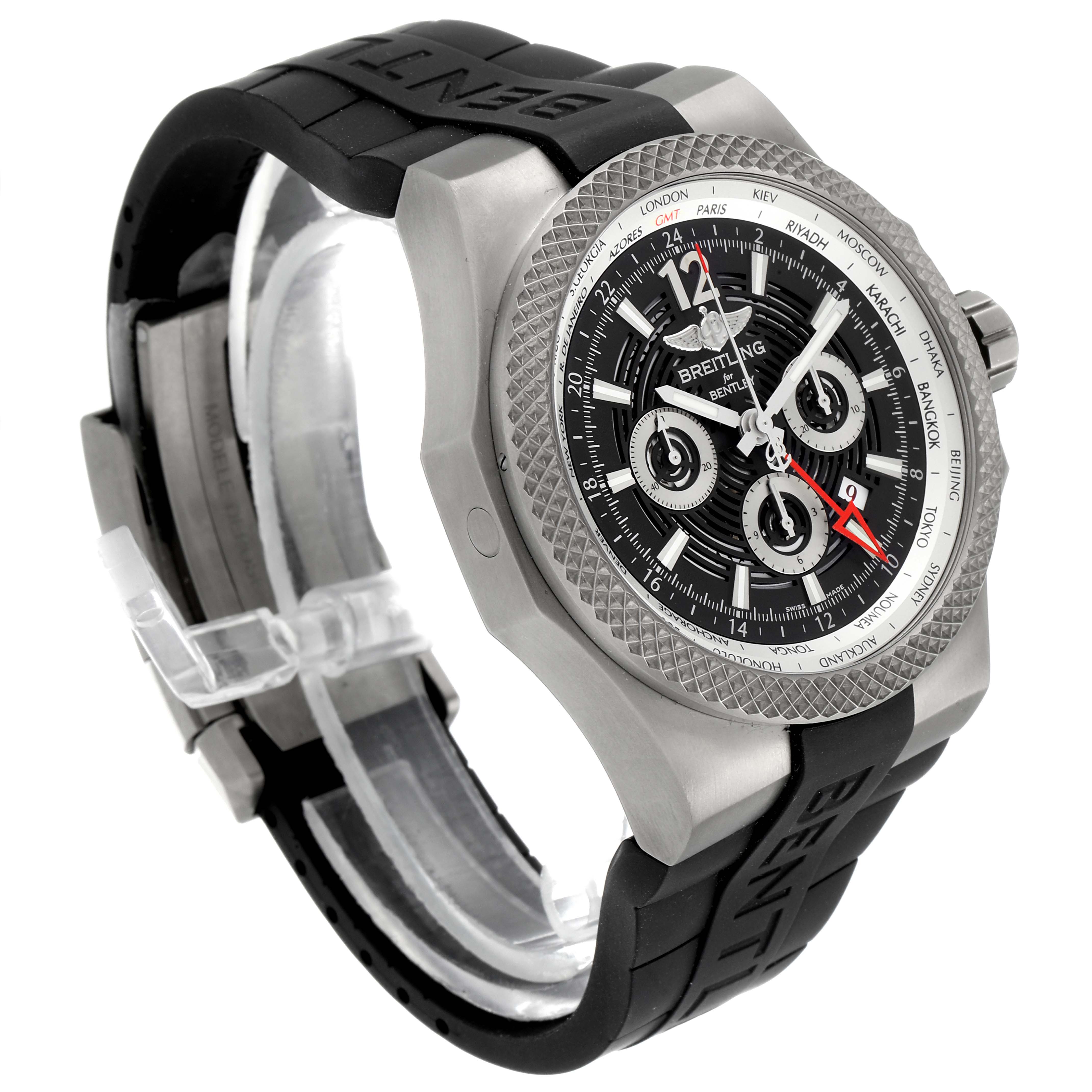 The image shows a Breitling Bentley EB0432 Men's Titanium Transparent Dial EB0432 Men's Titanium Transparent Dial watch at a three-quarter angle, highlighting its face, bezel, and rubber strap.