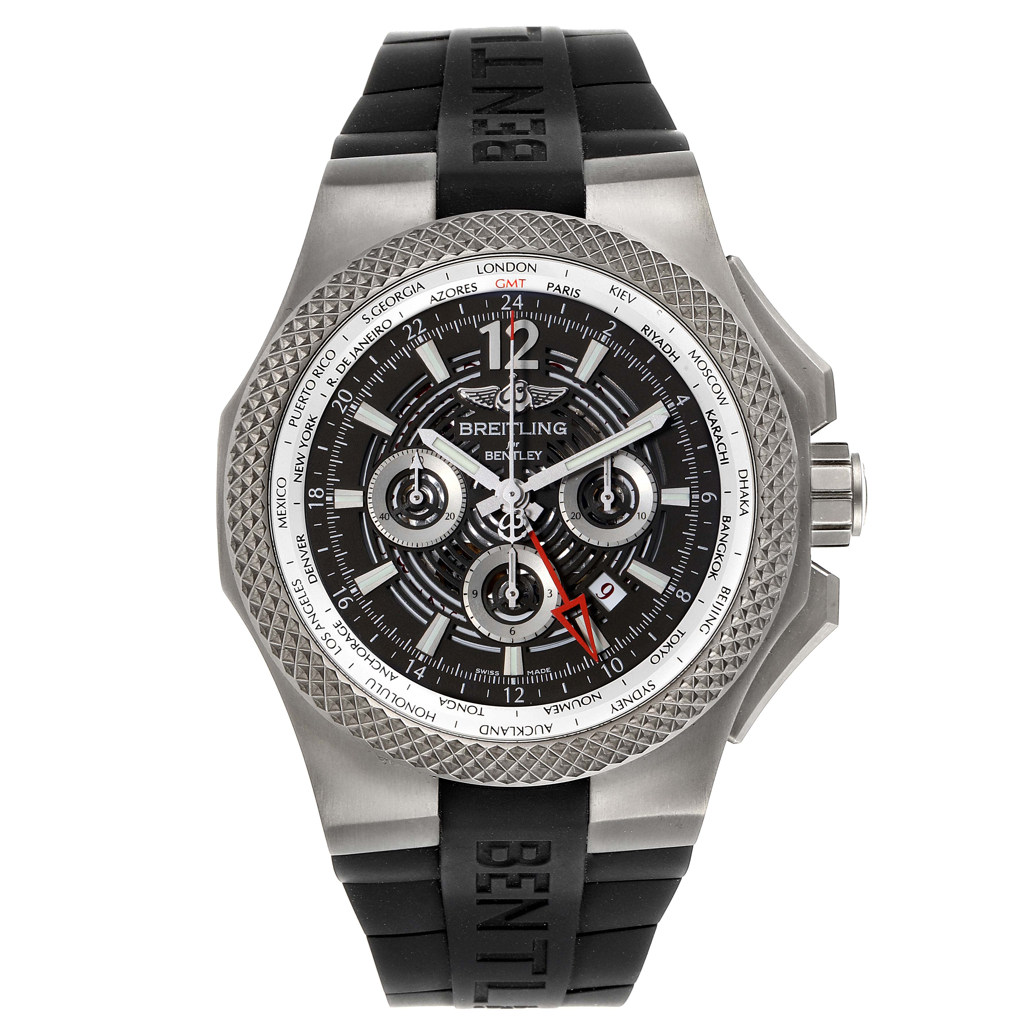 The Breitling Bentley EB0432 Men's Titanium Transparent Dial EB0432 Men's Titanium Transparent Dial watch is shown from a front angle, displaying the dial, bezel, and strap.