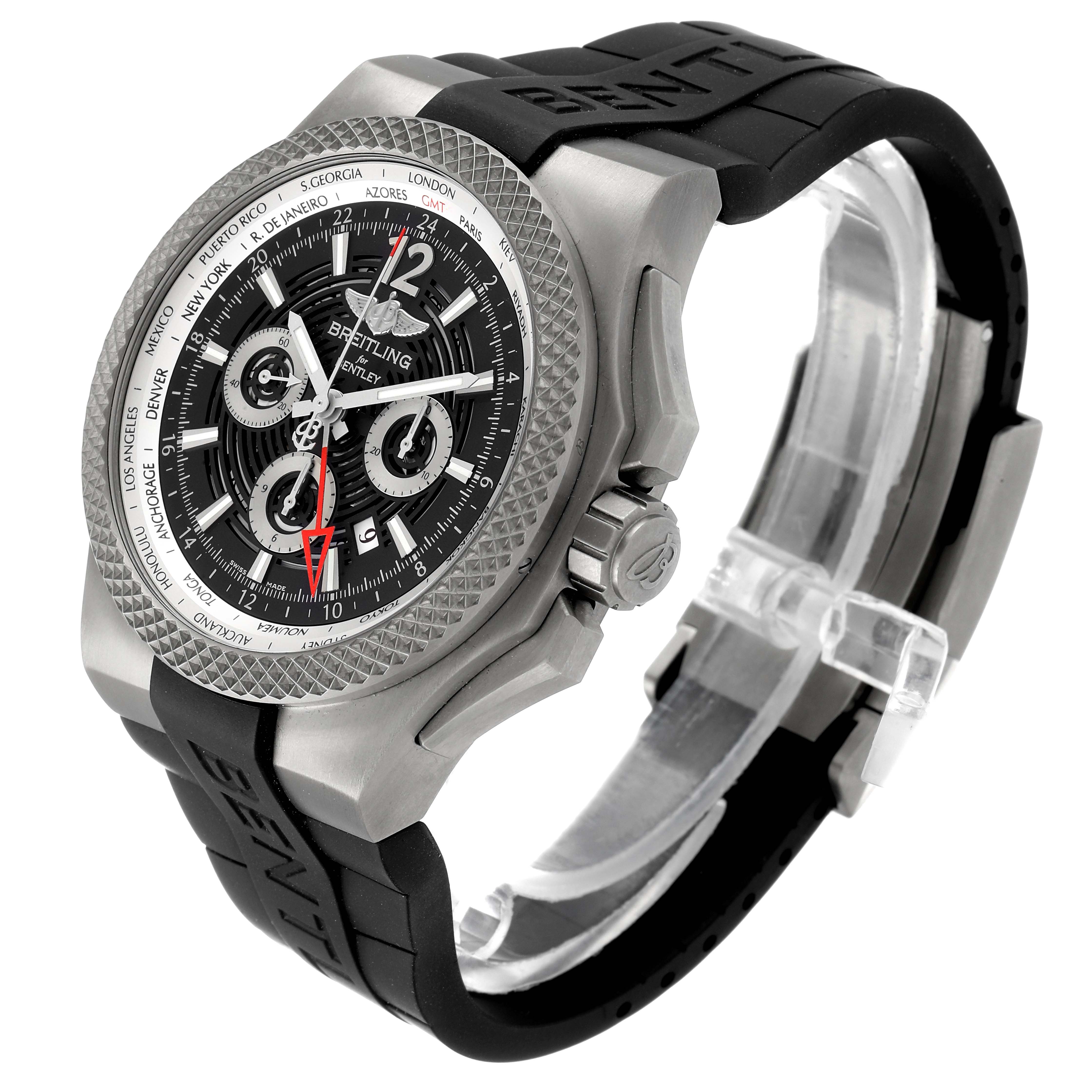 The Breitling Bentley EB0432 Men's Titanium Transparent Dial EB0432 Men's Titanium Transparent Dial model watch is shown from a front angle, highlighting its face, bezel, crown, and rubber strap.