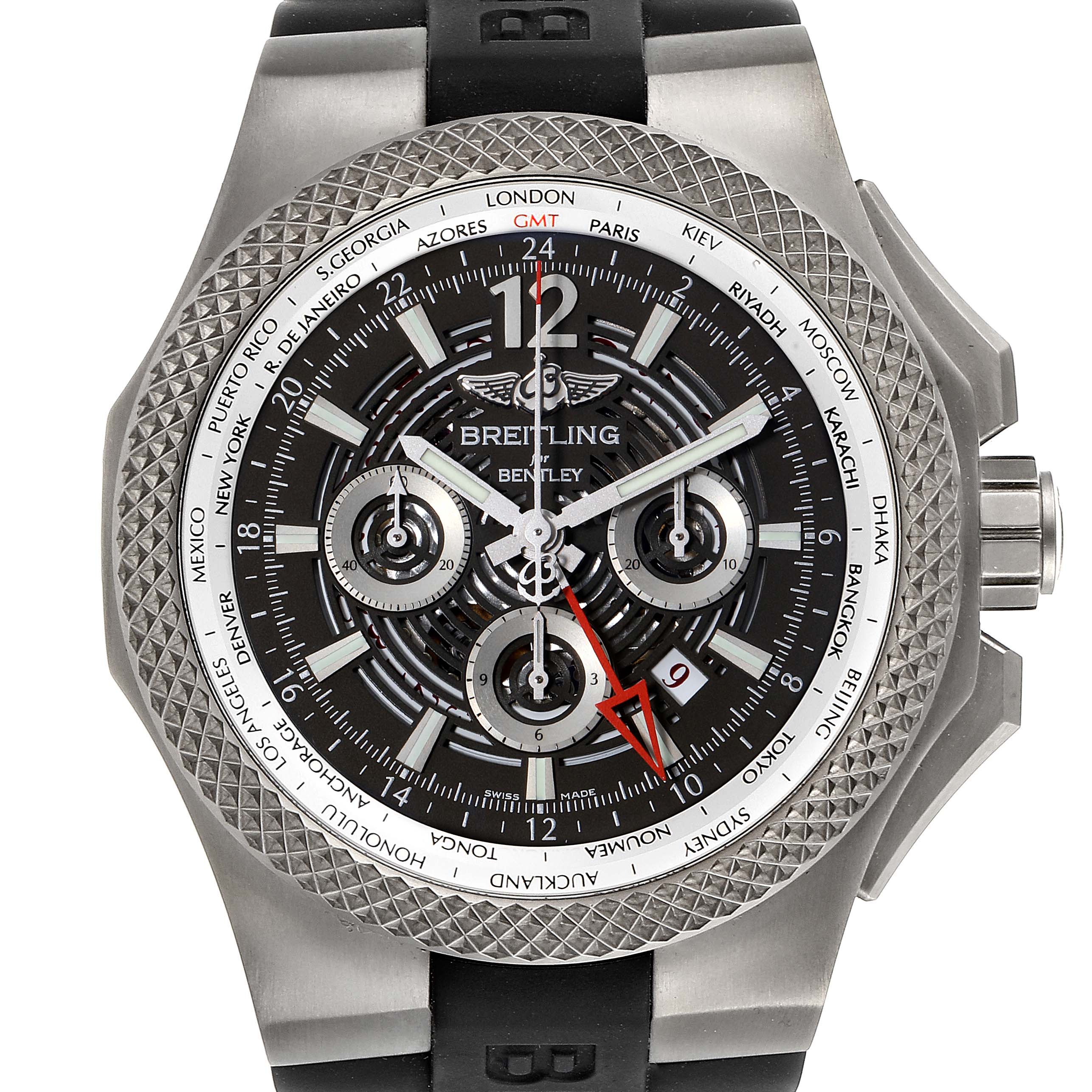The image shows a front view of a Breitling Bentley EB0432 Men's Titanium Transparent Dial EB0432 Men's Titanium Transparent Dial watch, featuring its dial, bezel, and strap.