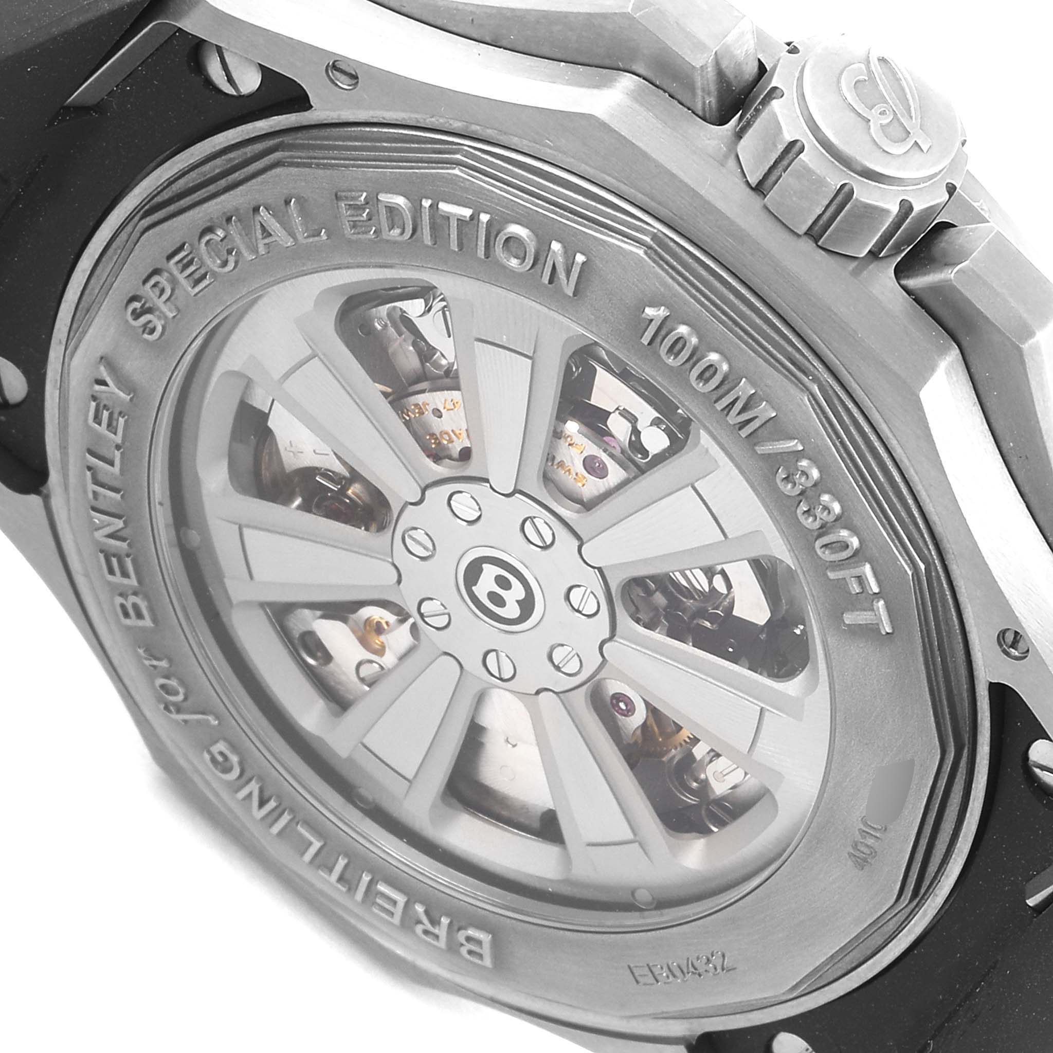 The image shows the back case of a Breitling Bentley EB0432 Men's Titanium Transparent Dial EB0432 Men's Titanium Transparent Dial Special Edition watch, highlighting the transparent back and mechanical parts.
