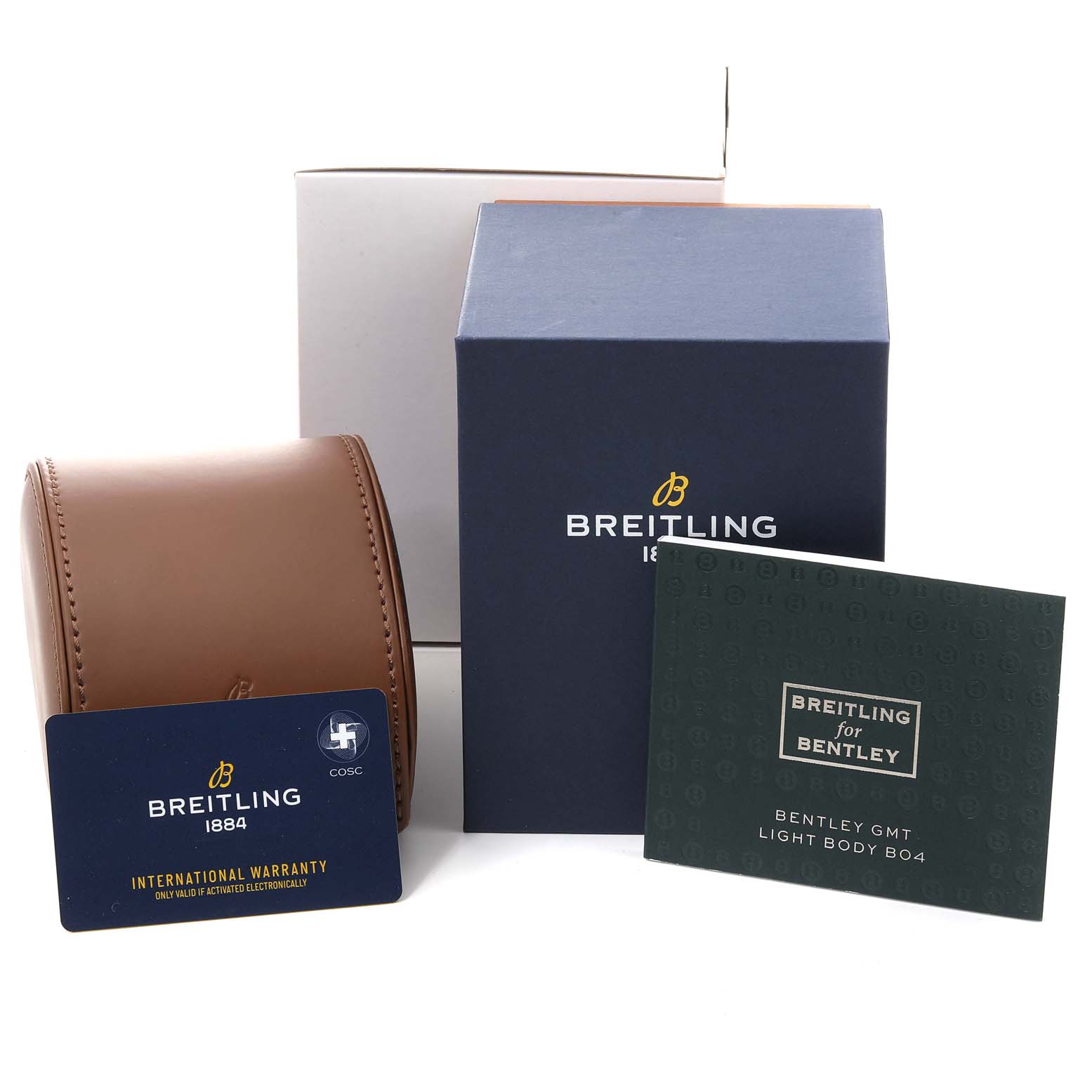 This image shows accessories for the Bentley model by Breitling, including a box, leather watch case, warranty card, and booklet.