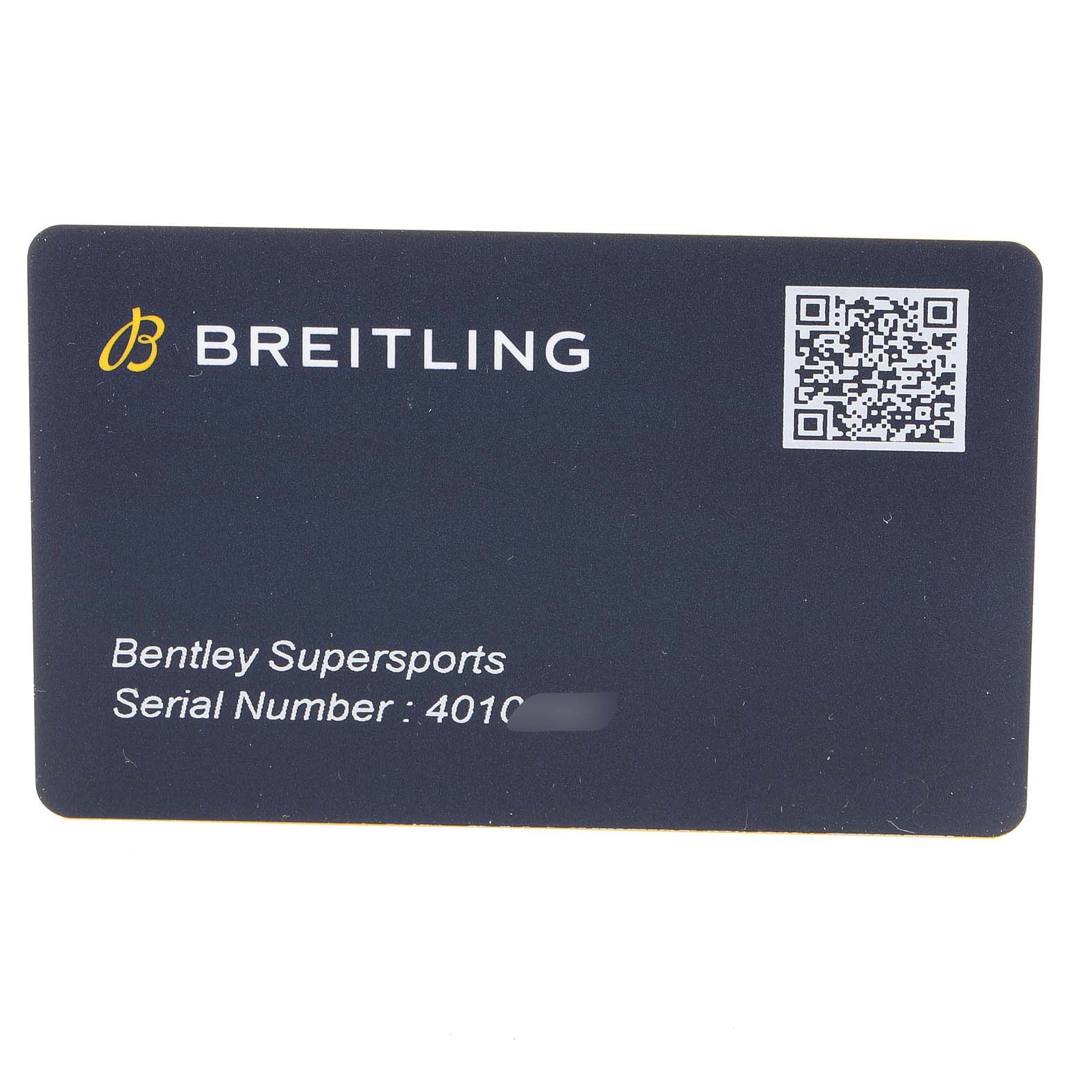 The image shows the certification card of a Bentley model watch by Breitling, displaying the serial number and a QR code.