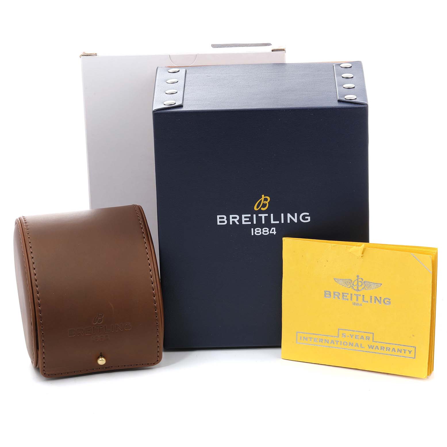 The image shows the packaging, leather case, outer box, and warranty card for a Breitling Chronomat AB0110 Men's Stainless Steel Black Dial AB0110 Men's Stainless Steel Black Dial watch.
