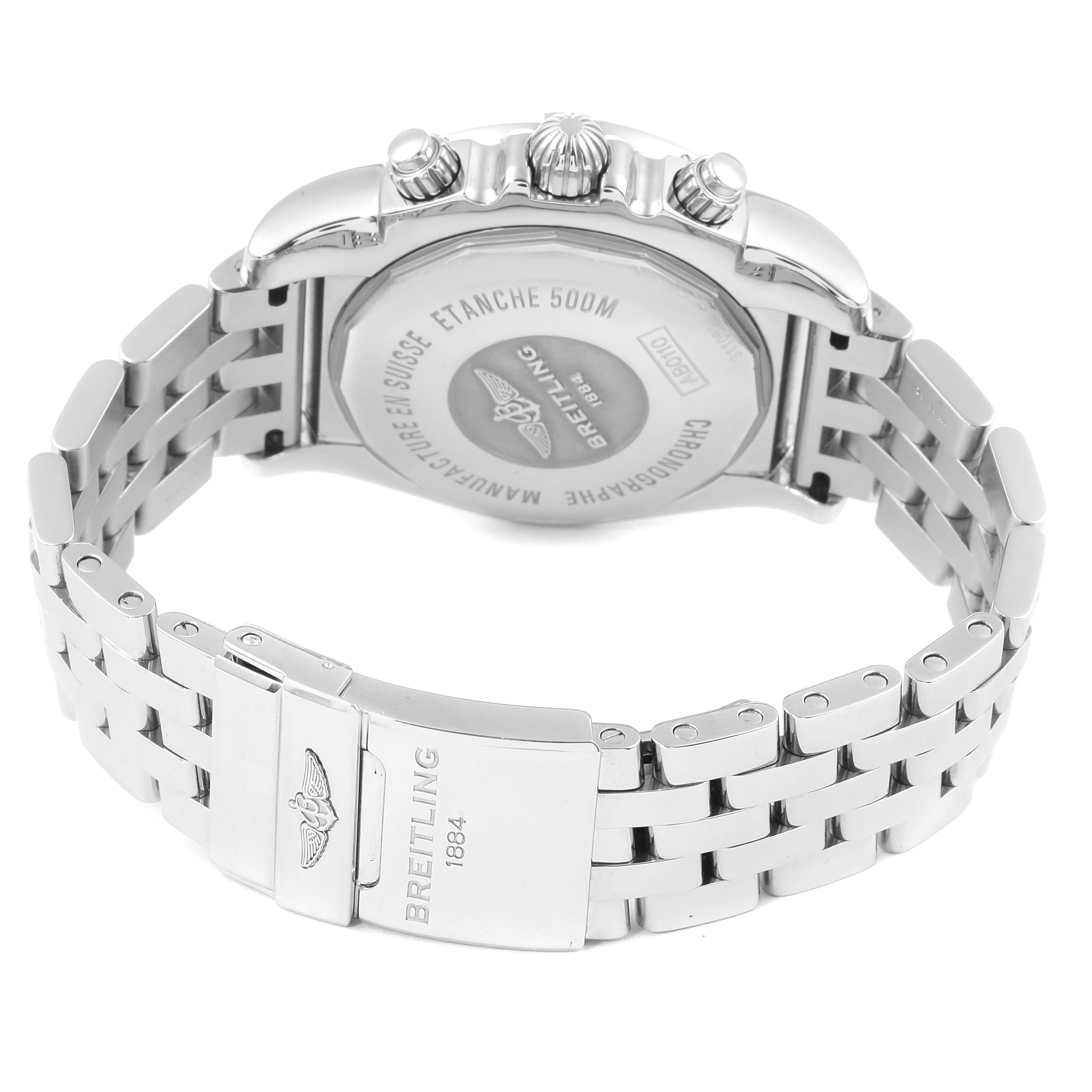 This image shows the back view and clasp of a Breitling Chronomat AB0110 Men's Stainless Steel Black Dial AB0110 Men's Stainless Steel Black Dial watch, highlighting the case back and metal bracelet.