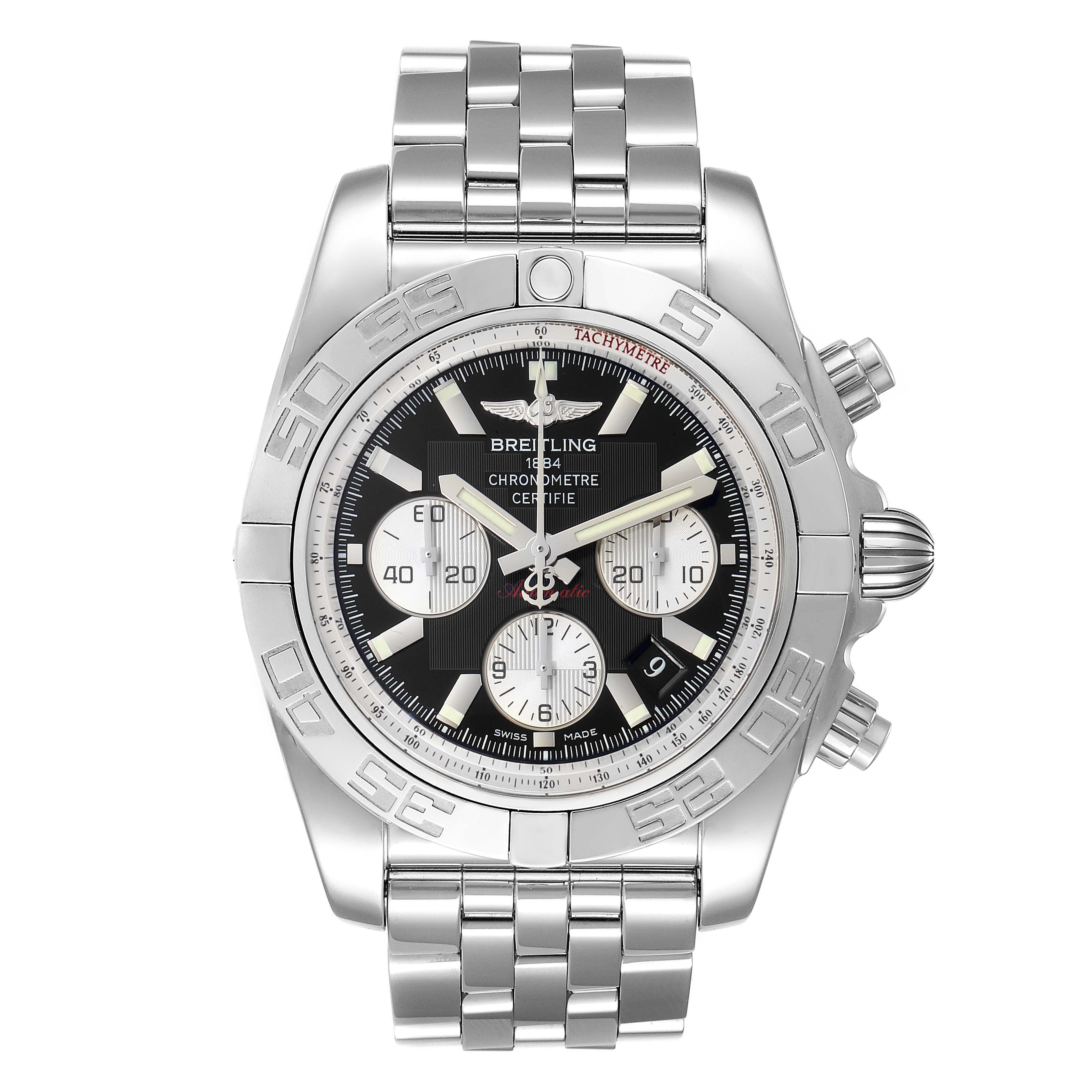 The Breitling Chronomat AB0110 Men's Stainless Steel Black Dial AB0110 Men's Stainless Steel Black Dial watch is shown from the front, displaying its face, dial, bezel, and metal bracelet.