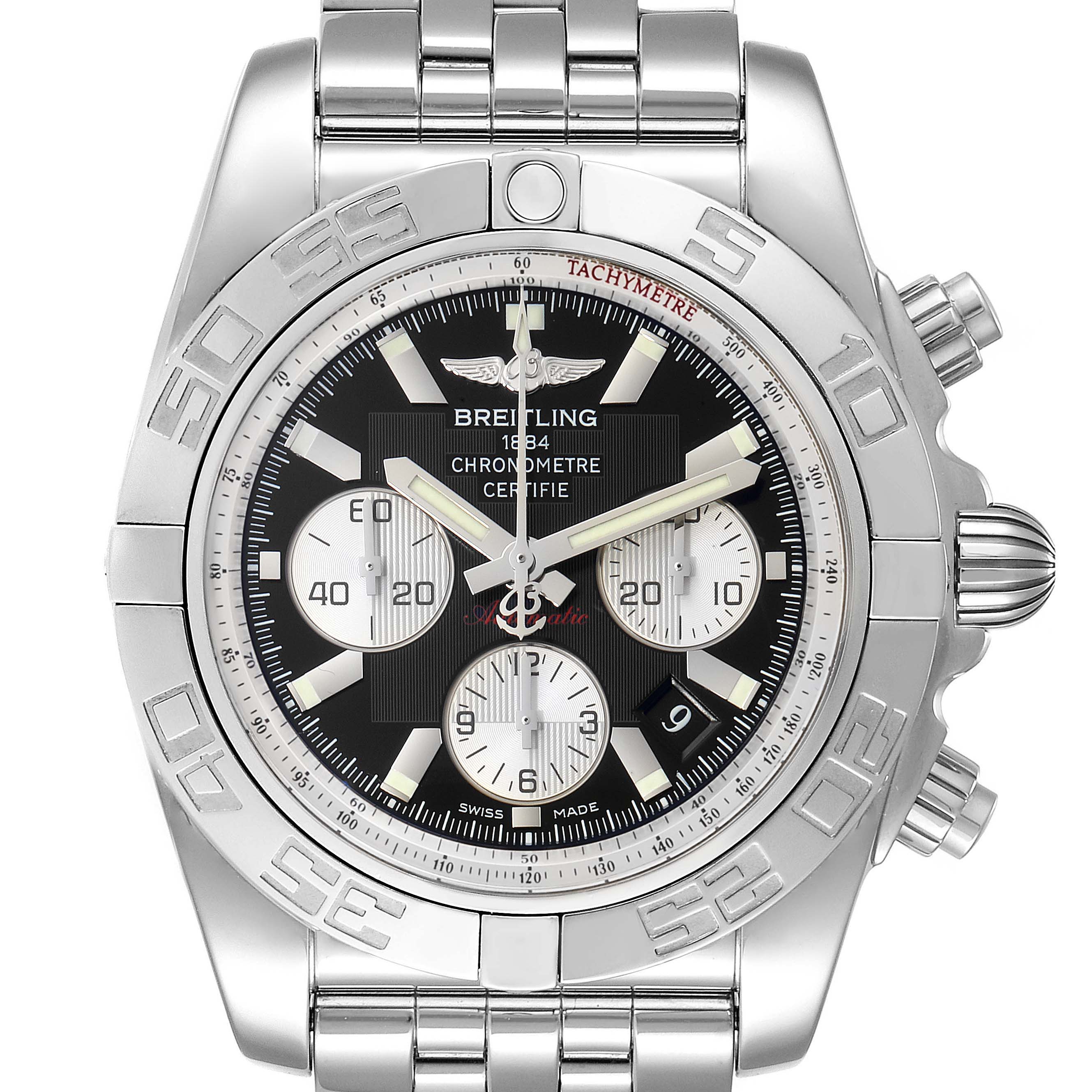 The image shows a Breitling Chronomat AB0110 Men's Stainless Steel Black Dial AB0110 Men's Stainless Steel Black Dial watch from the front, displaying its bezel, dial, chronograph subdials, and bracelet.