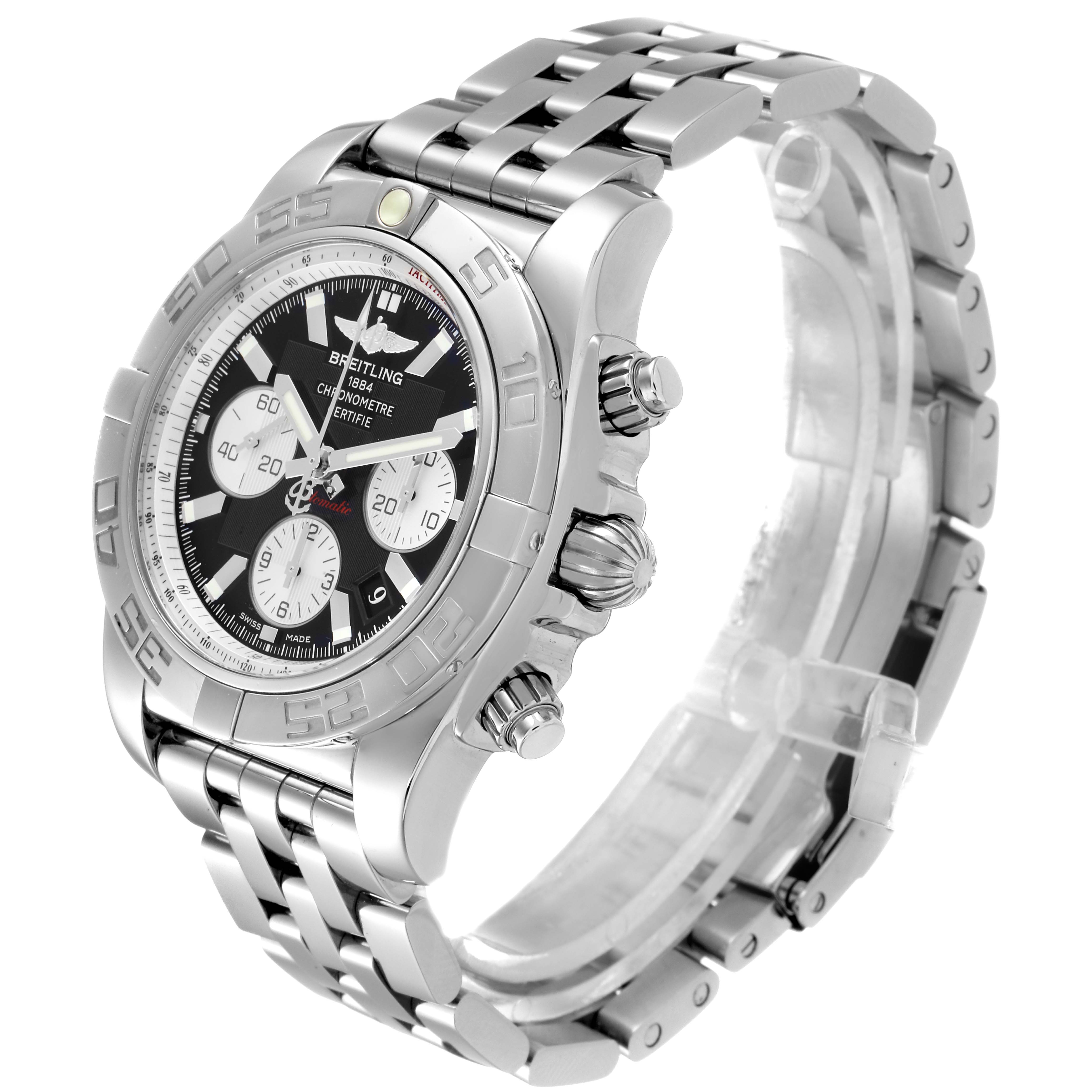 The image shows a side-angle view of the Breitling Chronomat AB0110 Men's Stainless Steel Black Dial AB0110 Men's Stainless Steel Black Dial watch, highlighting its case, bracelet, and chronograph pushers.