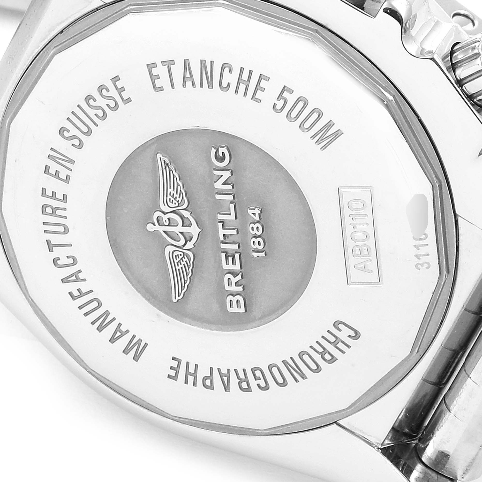 This image shows the back case of a Breitling Chronomat AB0110 Men's Stainless Steel Black Dial AB0110 Men's Stainless Steel Black Dial watch, displaying its branding and water resistance information.