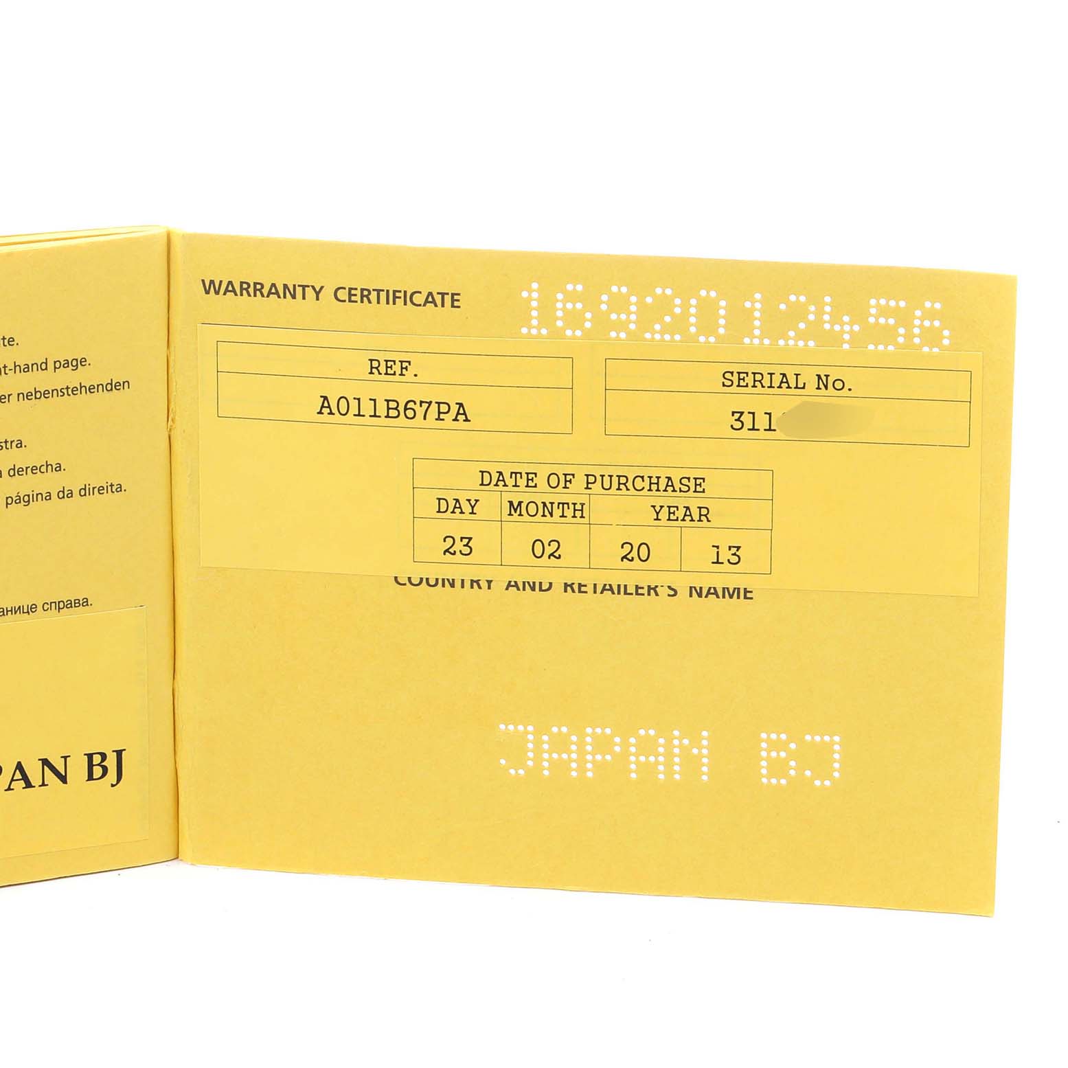 This image shows the warranty certificate for a Breitling Chronomat AB0110 Men's Stainless Steel Black Dial AB0110 Men's Stainless Steel Black Dial watch, including its reference and serial numbers.