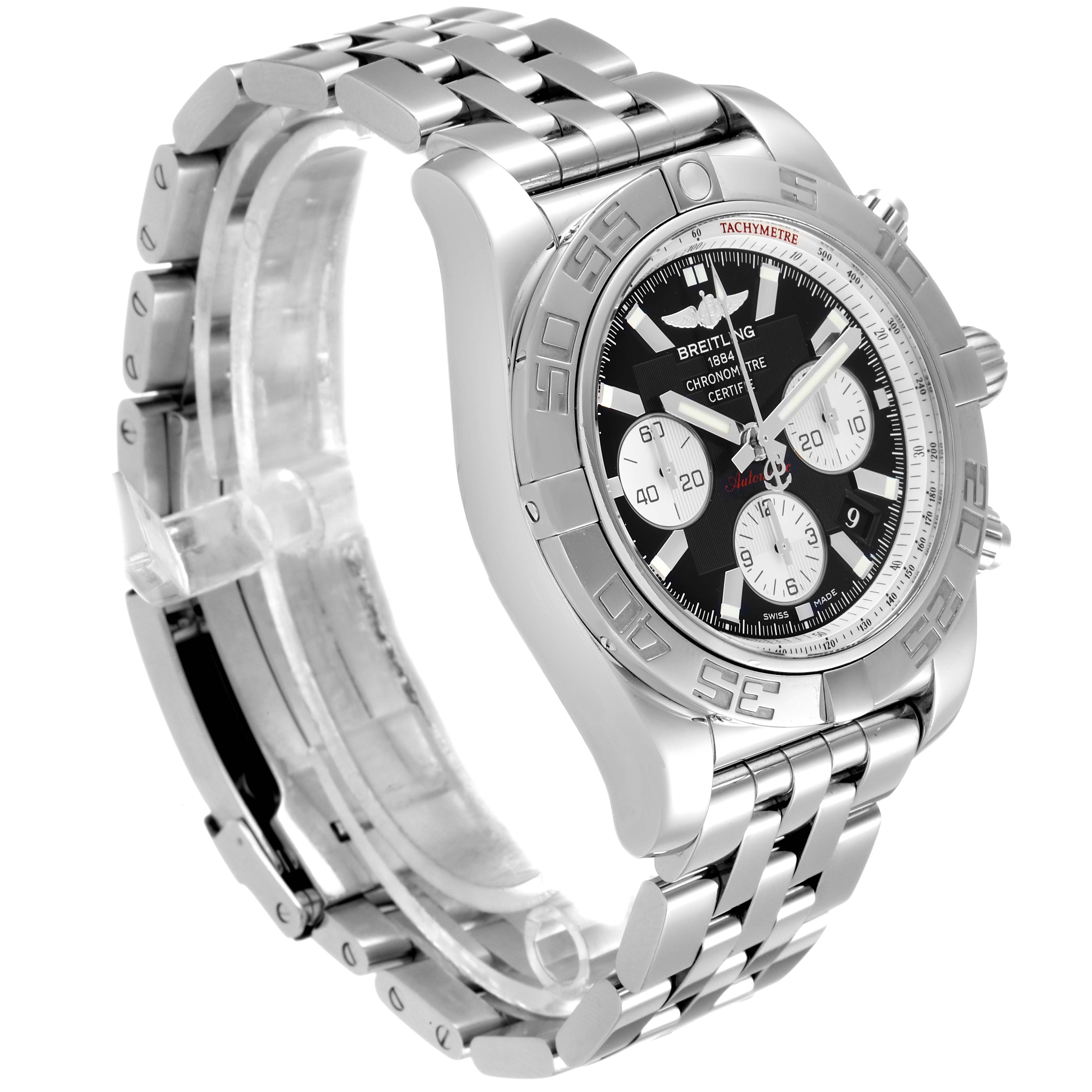 The Breitling Chronomat AB0110 Men's Stainless Steel Black Dial AB0110 Men's Stainless Steel Black Dial watch is shown from a front angled view, displaying the bezel, dial, and bracelet.