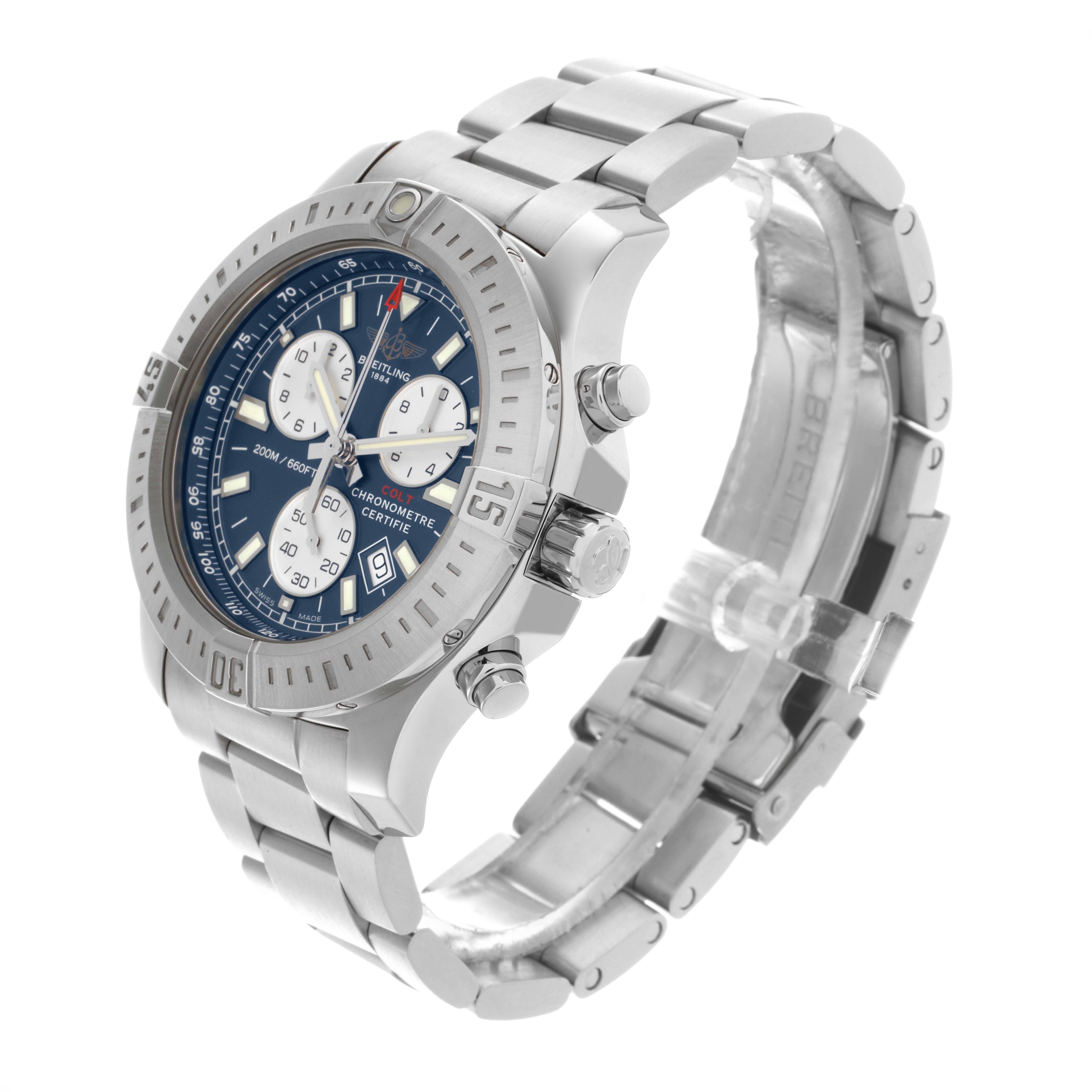 The Breitling Colt A73388 Men's Stainless Steel Blue Dial A73388 Men's Stainless Steel Blue Dial watch is shown at a three-quarter angle, displaying the bezel, dial, and stainless steel bracelet.