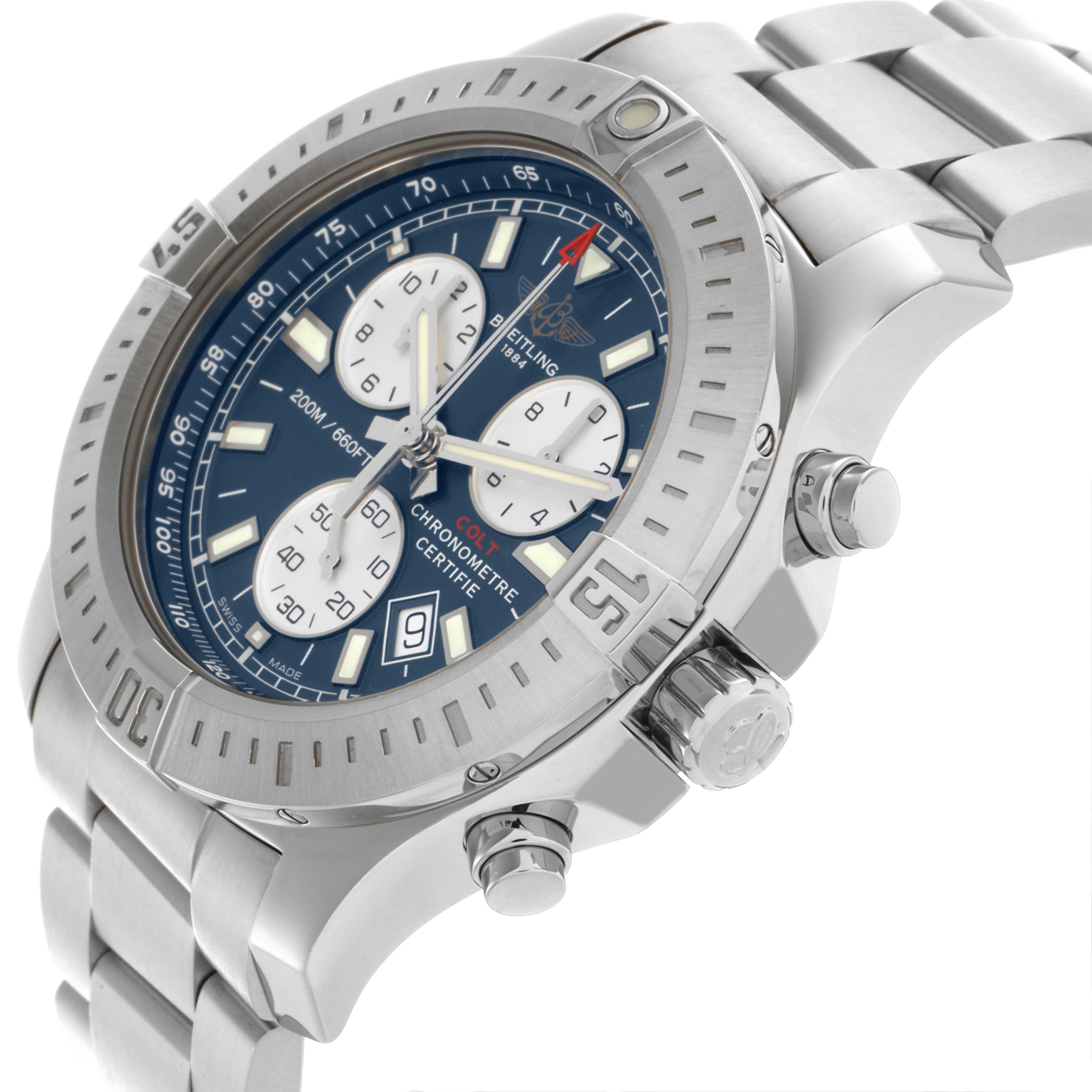The Breitling Colt A73388 Men's Stainless Steel Blue Dial A73388 Men's Stainless Steel Blue Dial watch is shown at a three-quarter angle, highlighting the bezel, chronograph dials, and bracelet.