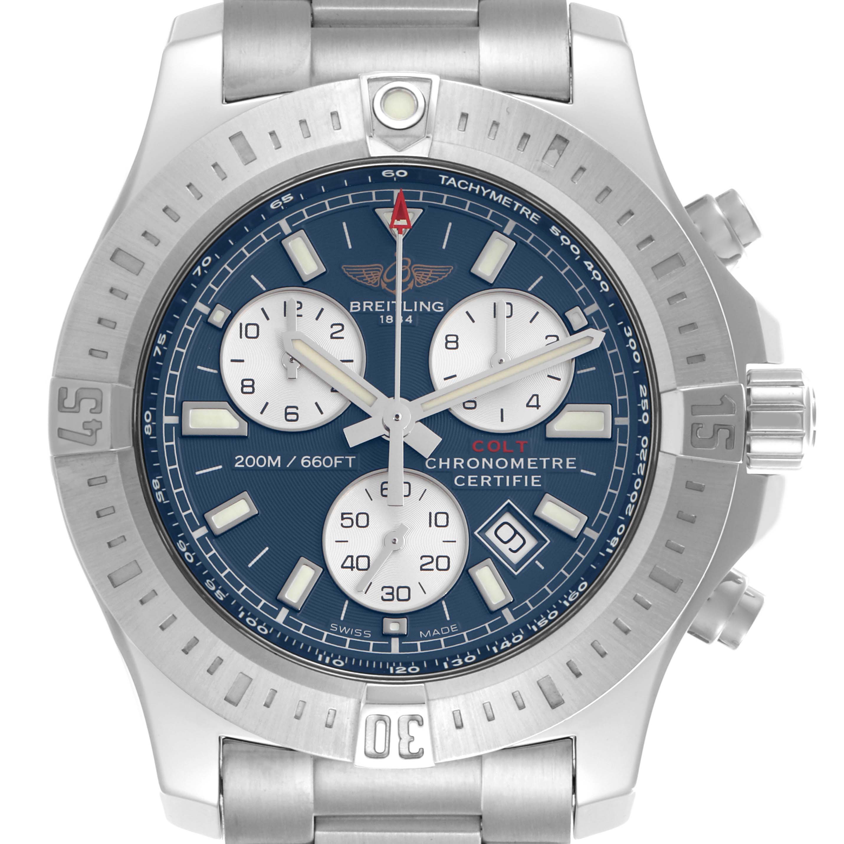 The Breitling Colt A73388 Men's Stainless Steel Blue Dial A73388 Men's Stainless Steel Blue Dial watch is shown from a front angle, displaying its dial, bezel, subdials, crown, and part of the bracelet.