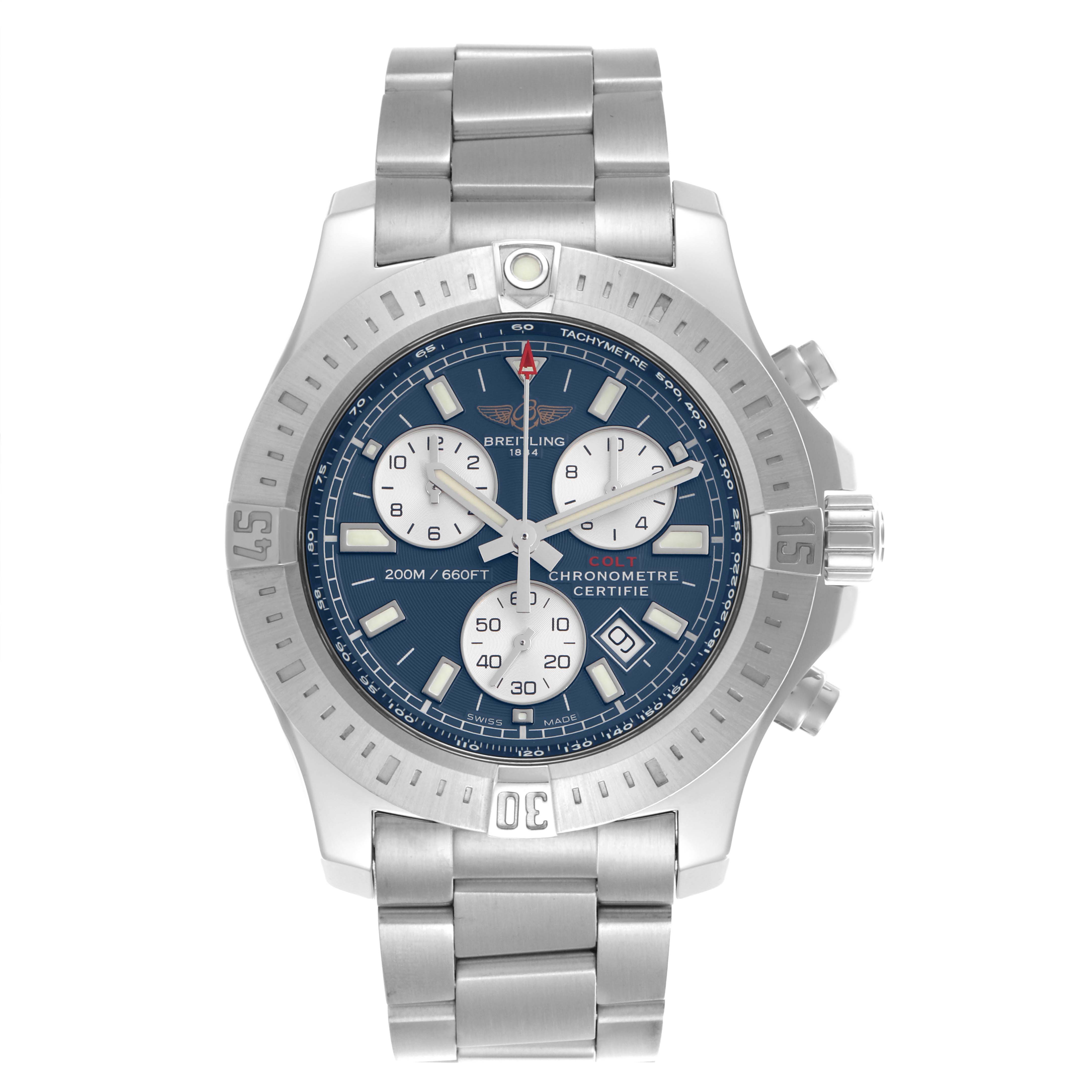 The Breitling Colt A73388 Men's Stainless Steel Blue Dial A73388 Men's Stainless Steel Blue Dial watch is shown front-facing, displaying the dial, bezel, bracelet, and chronograph pushers.