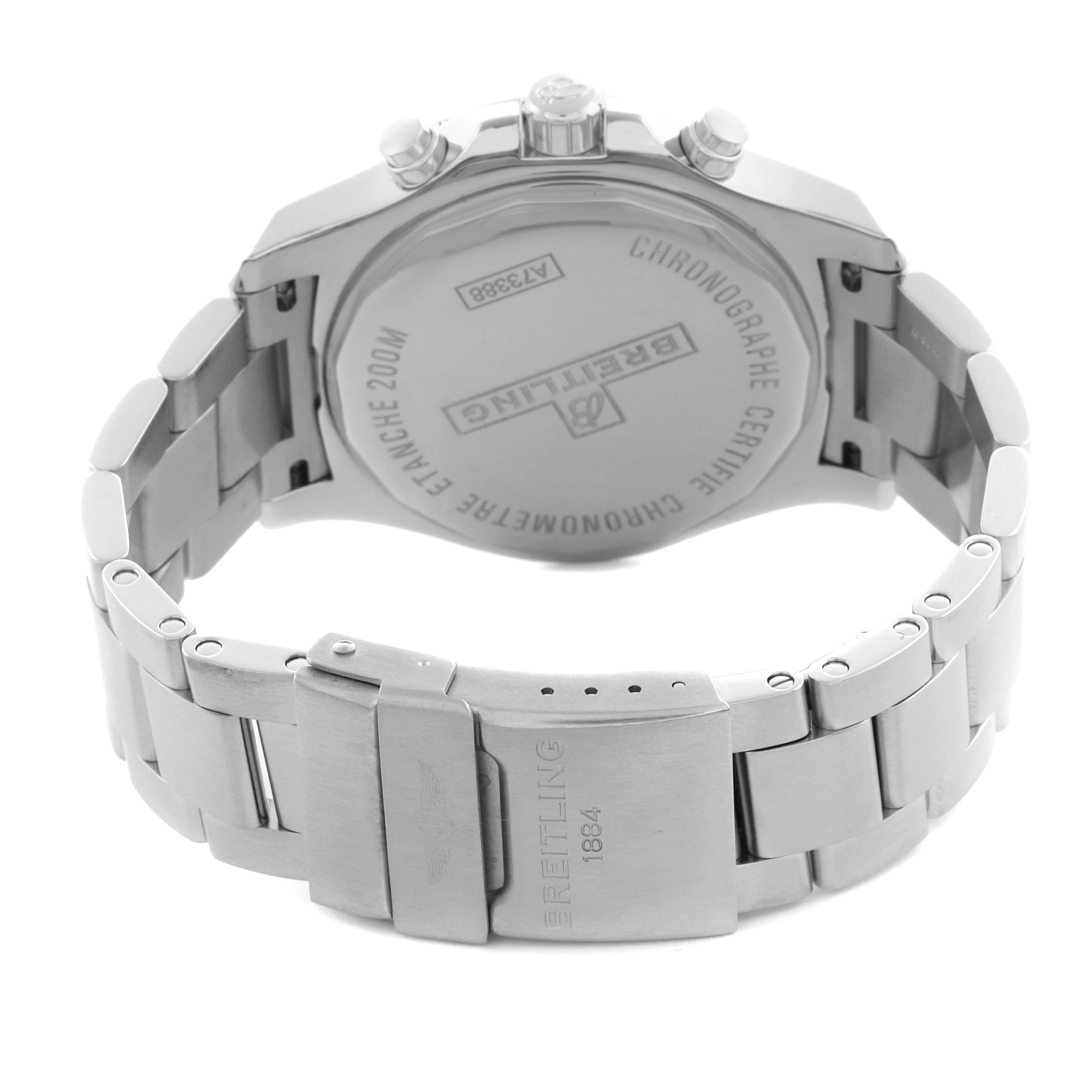 The image shows the back of the Breitling Colt A73388 Men's Stainless Steel Blue Dial A73388 Men's Stainless Steel Blue Dial watch, highlighting the case back and metal bracelet from a rear angle.