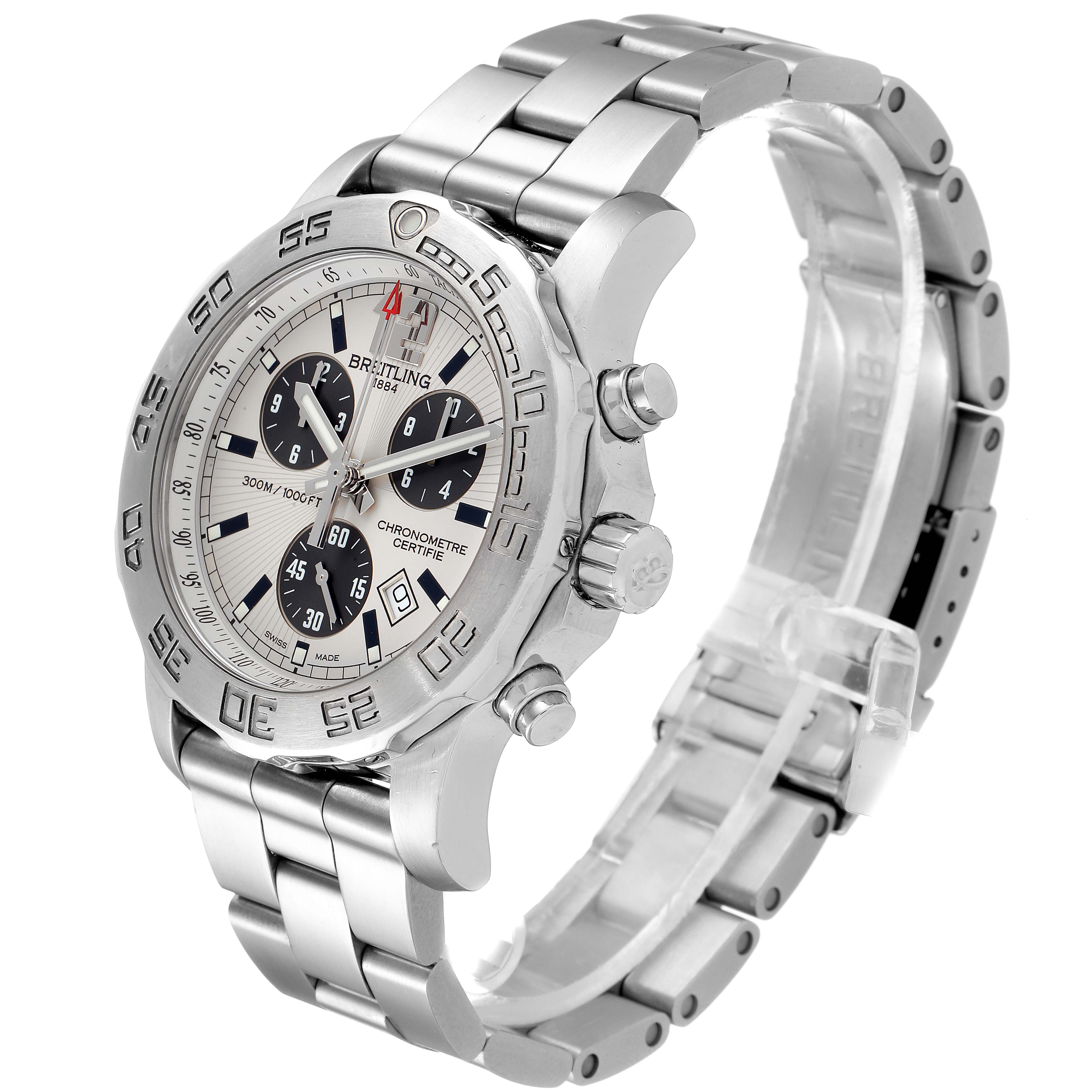 The Breitling Colt A73387 Men
s Stainless Steel White Dial A73387 Men
s Stainless Steel White Dial watch is shown from an angle displaying its face, bezel, side buttons, and metal bracelet.