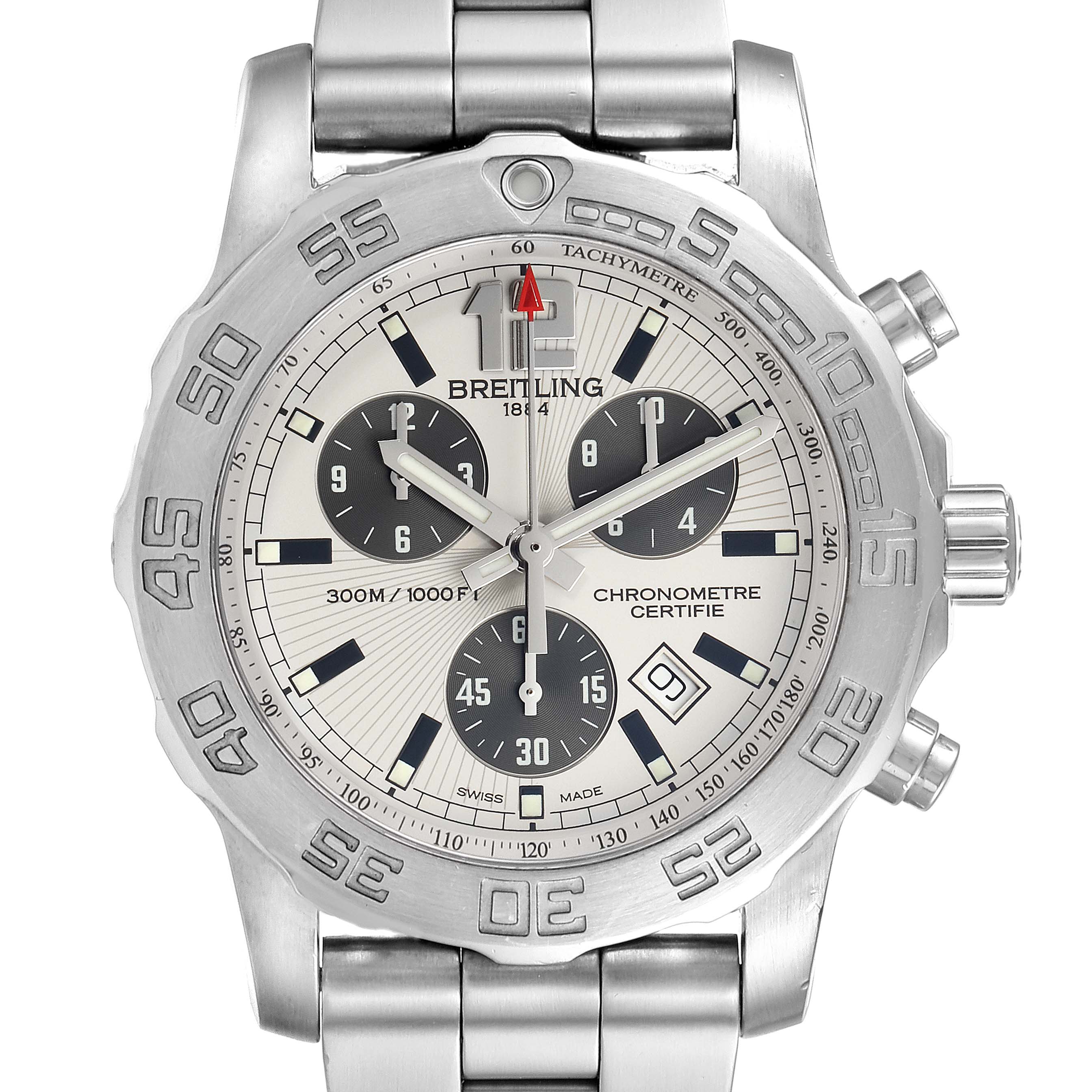 The image shows a front view of the Breitling Colt A73387 Men
s Stainless Steel White Dial A73387 Men
s Stainless Steel White Dial watch, highlighting the dial, bezel, and part of the stainless steel bracelet.