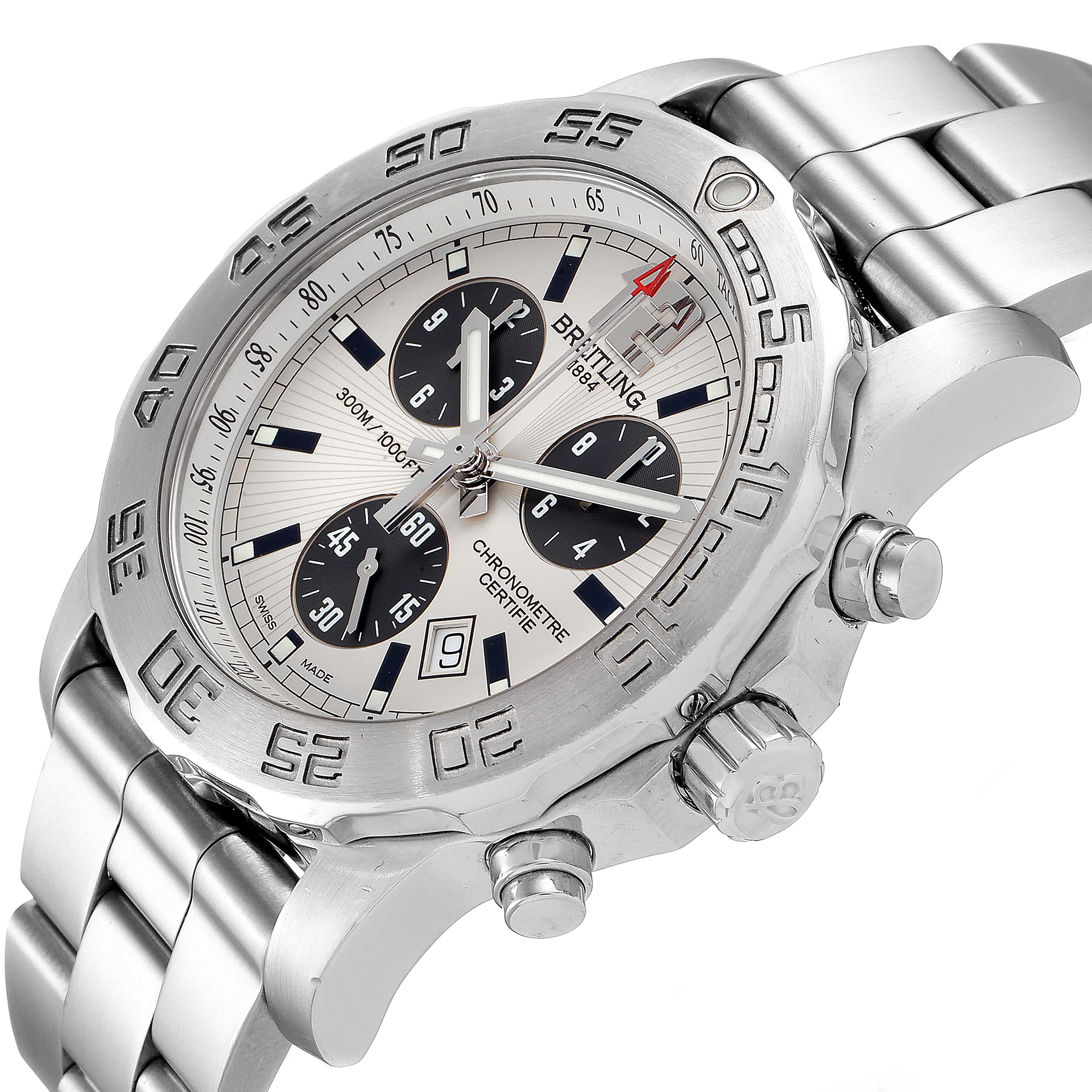 The Breitling Colt A73387 Men
s Stainless Steel White Dial A73387 Men
s Stainless Steel White Dial watch is shown at an angled view, displaying the face, bezel, side buttons, and part of the band.