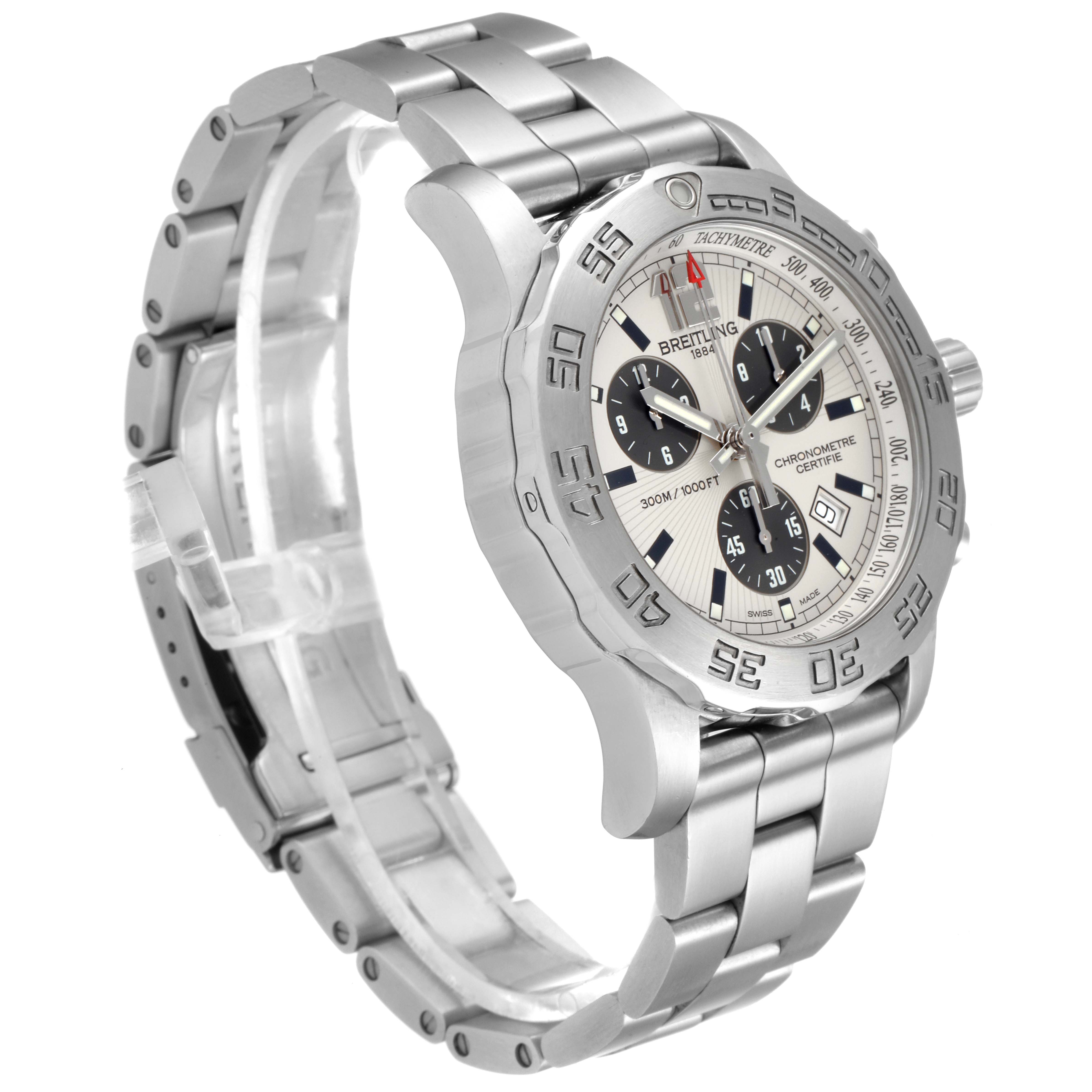 The image shows a Breitling Colt A73387 Men
s Stainless Steel White Dial A73387 Men
s Stainless Steel White Dial watch at a diagonal angle, highlighting its stainless steel bracelet, bezel, and dial.