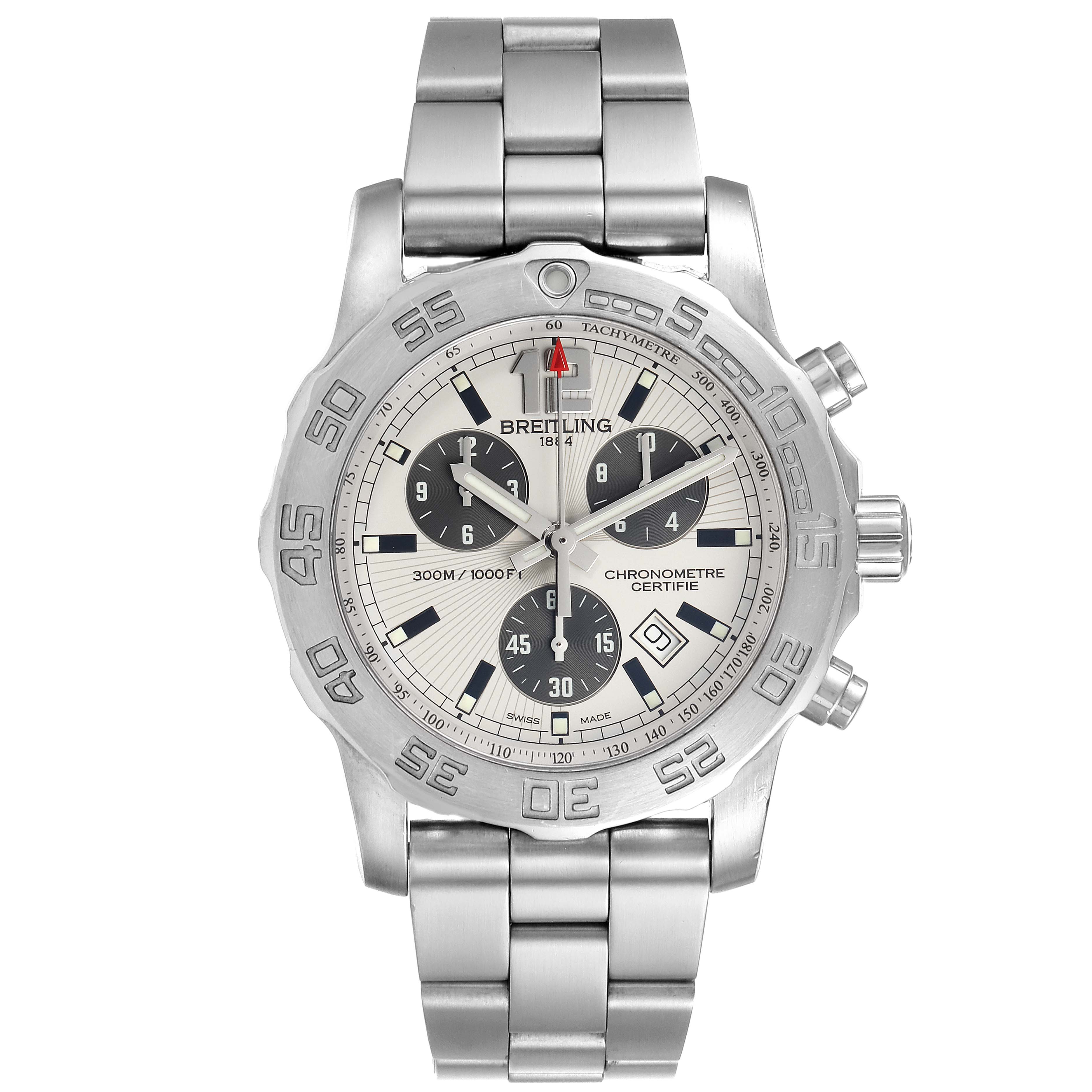 The image shows a front view of the Breitling Colt A73387 Men
s Stainless Steel White Dial A73387 Men
s Stainless Steel White Dial model watch, featuring its face, bezel, and metal bracelet.