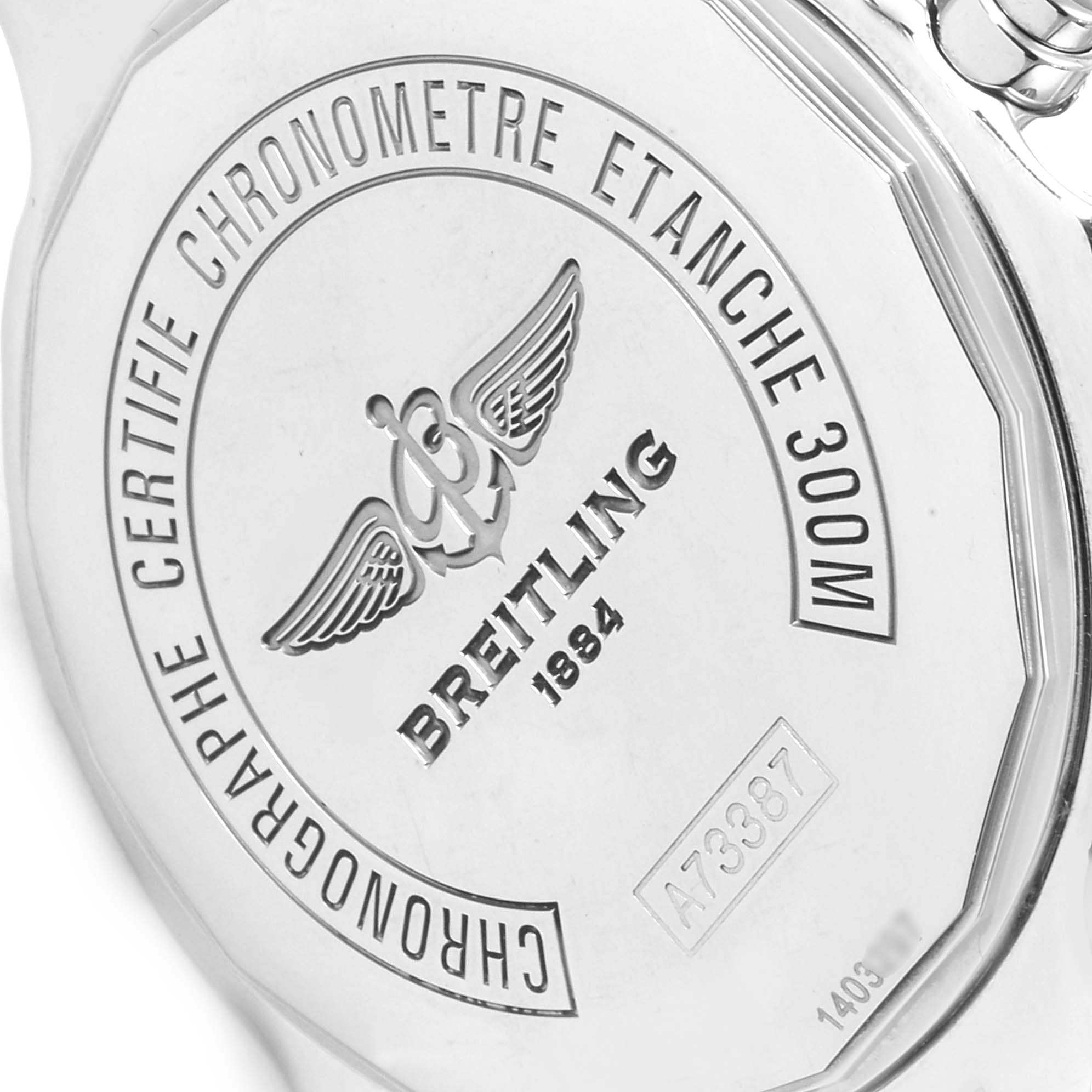 This image shows the case back of a Breitling Colt A73387 Men
s Stainless Steel White Dial A73387 Men
s Stainless Steel White Dial watch, engraved with brand details and specifications.