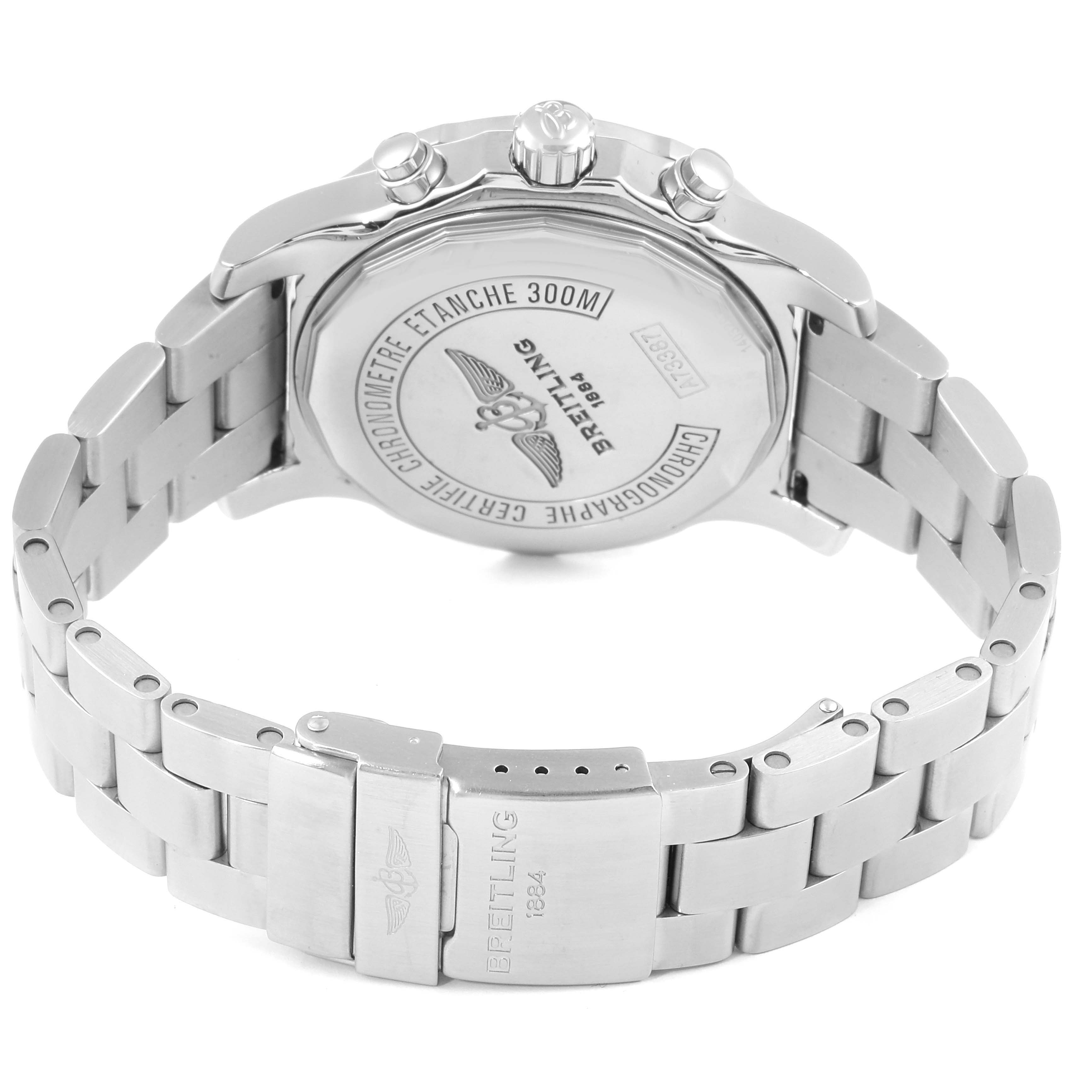The image shows the back and bracelet of a Breitling Colt A73387 Men
s Stainless Steel White Dial A73387 Men
s Stainless Steel White Dial watch, highlighting the case back and clasp.