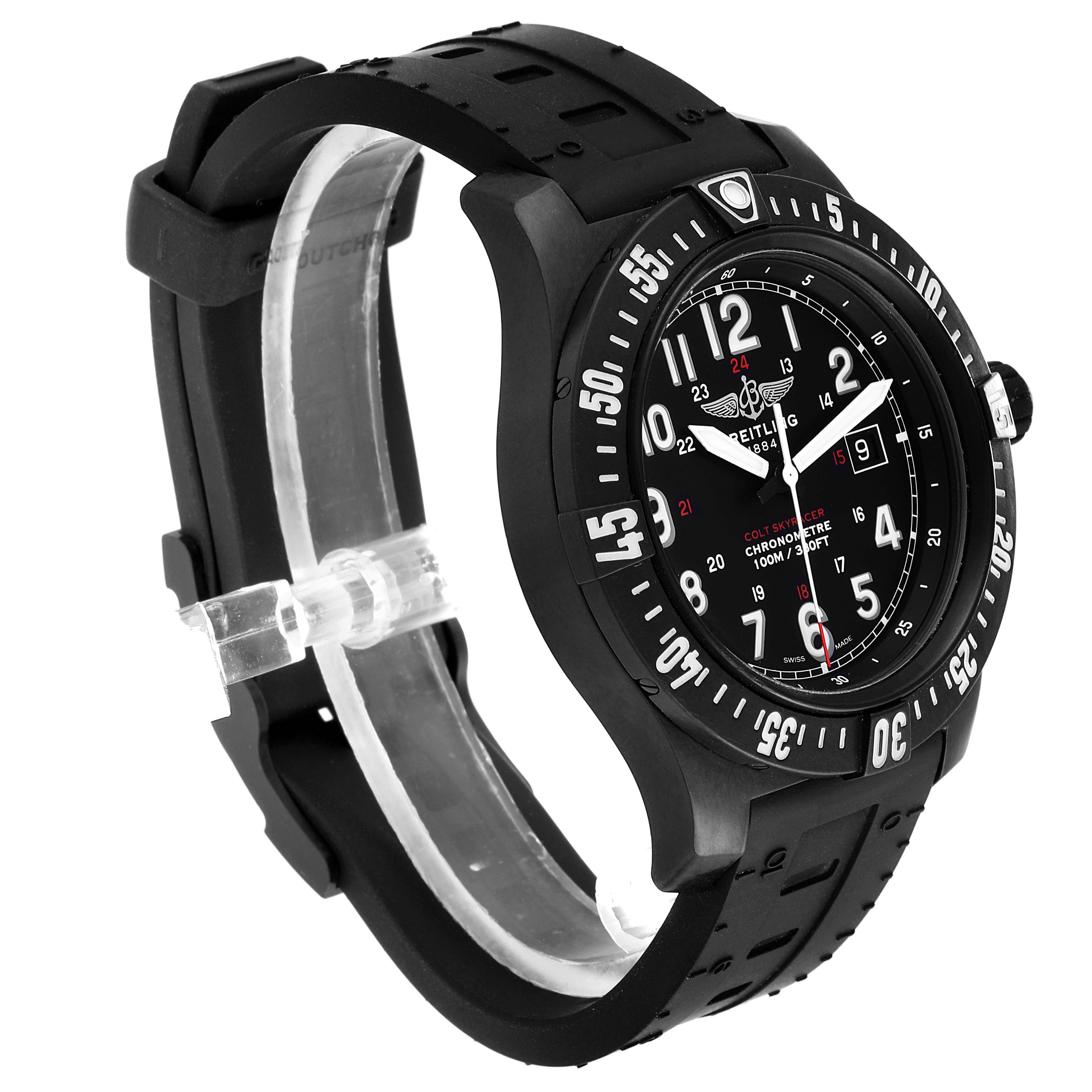 The image shows a side-angle view of the Breitling Colt X74320 Men's Titanium Black Dial X74320 Men's Titanium Black Dial watch, including its black strap, bezel, and dial.