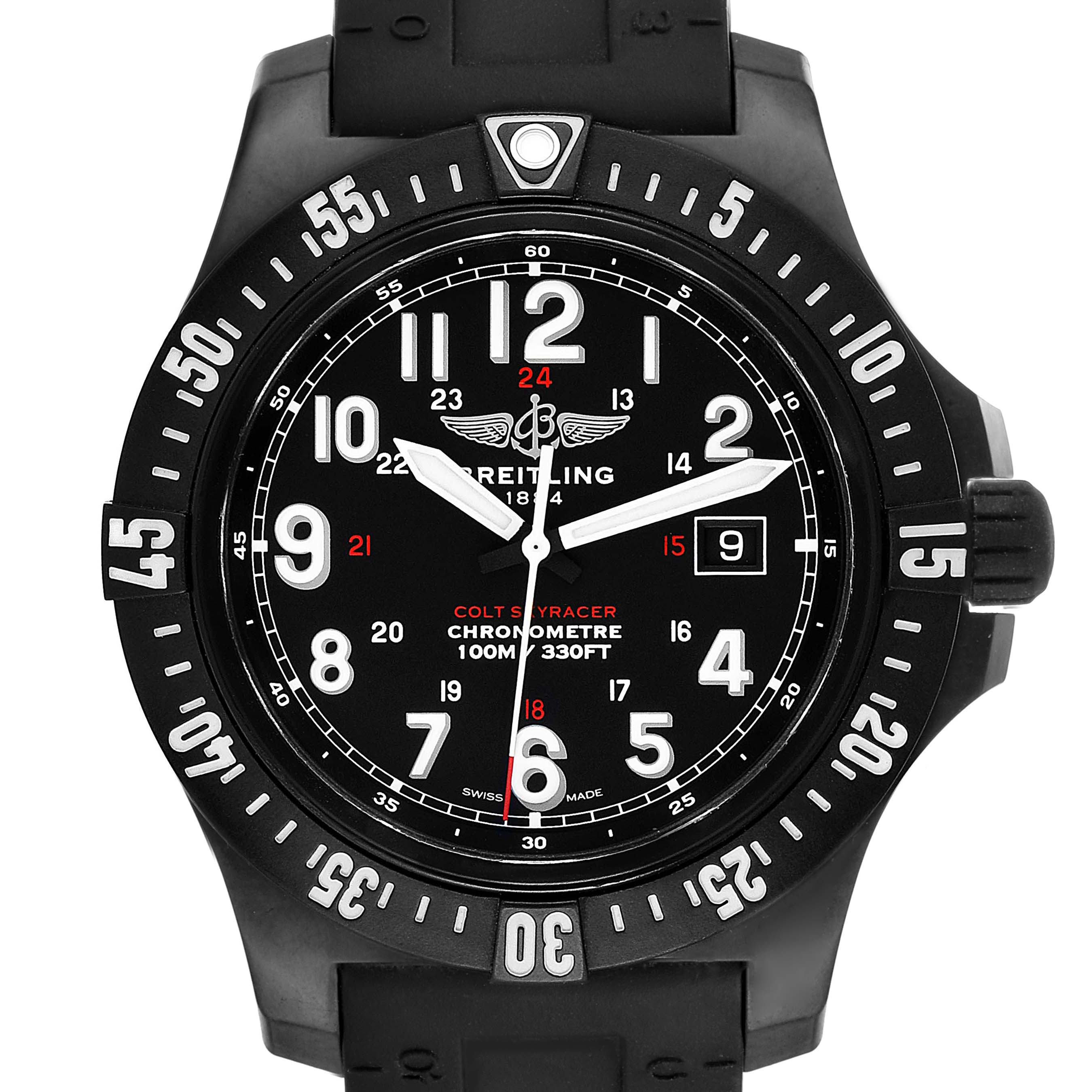 The image shows a close-up of the dial and bezel of a Breitling Colt X74320 Men's Titanium Black Dial X74320 Men's Titanium Black Dial model watch, featuring a black face and numerals.