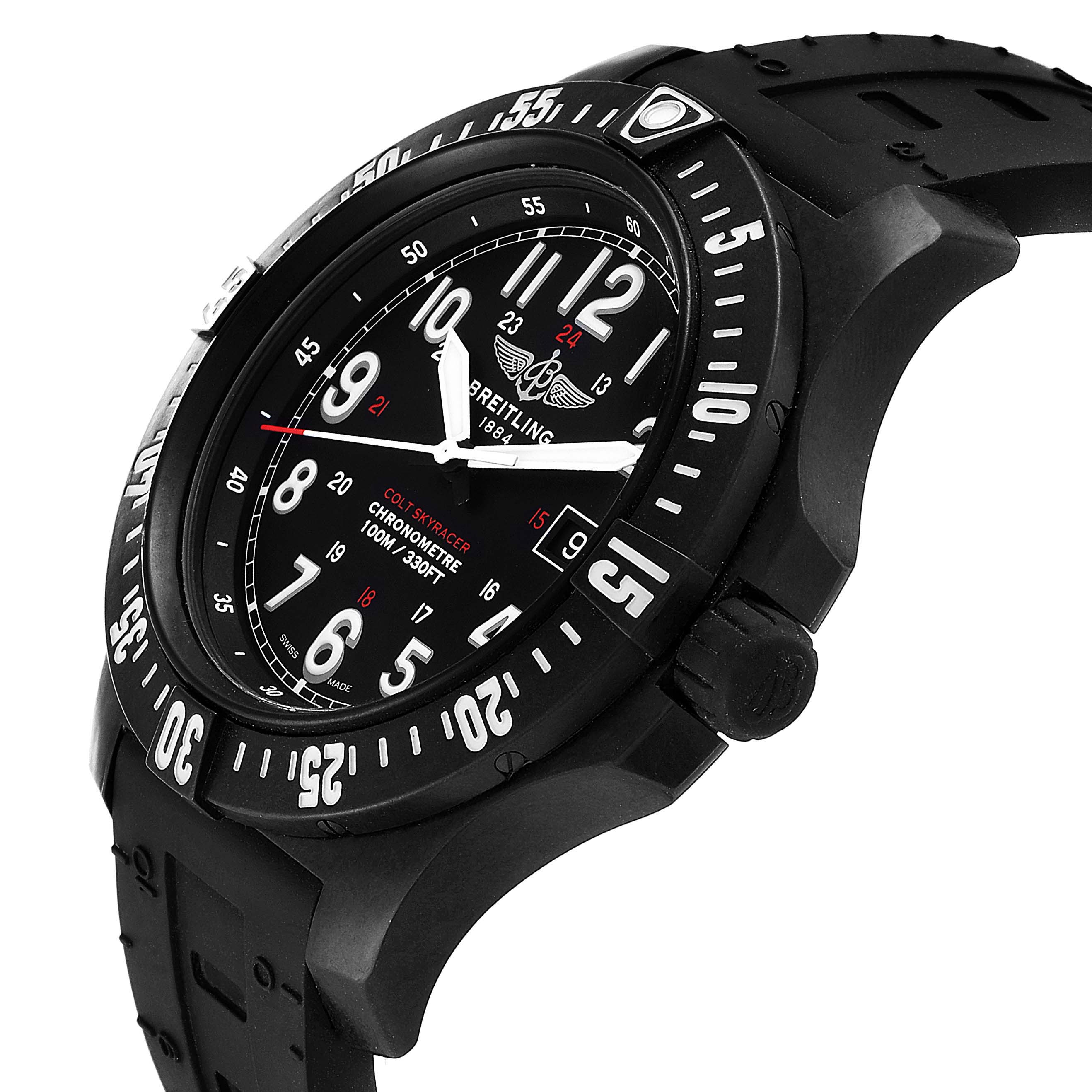 The image shows a side angle of the Breitling Colt X74320 Men's Titanium Black Dial X74320 Men's Titanium Black Dial watch, focusing on the face, bezel, and part of the rubber strap.