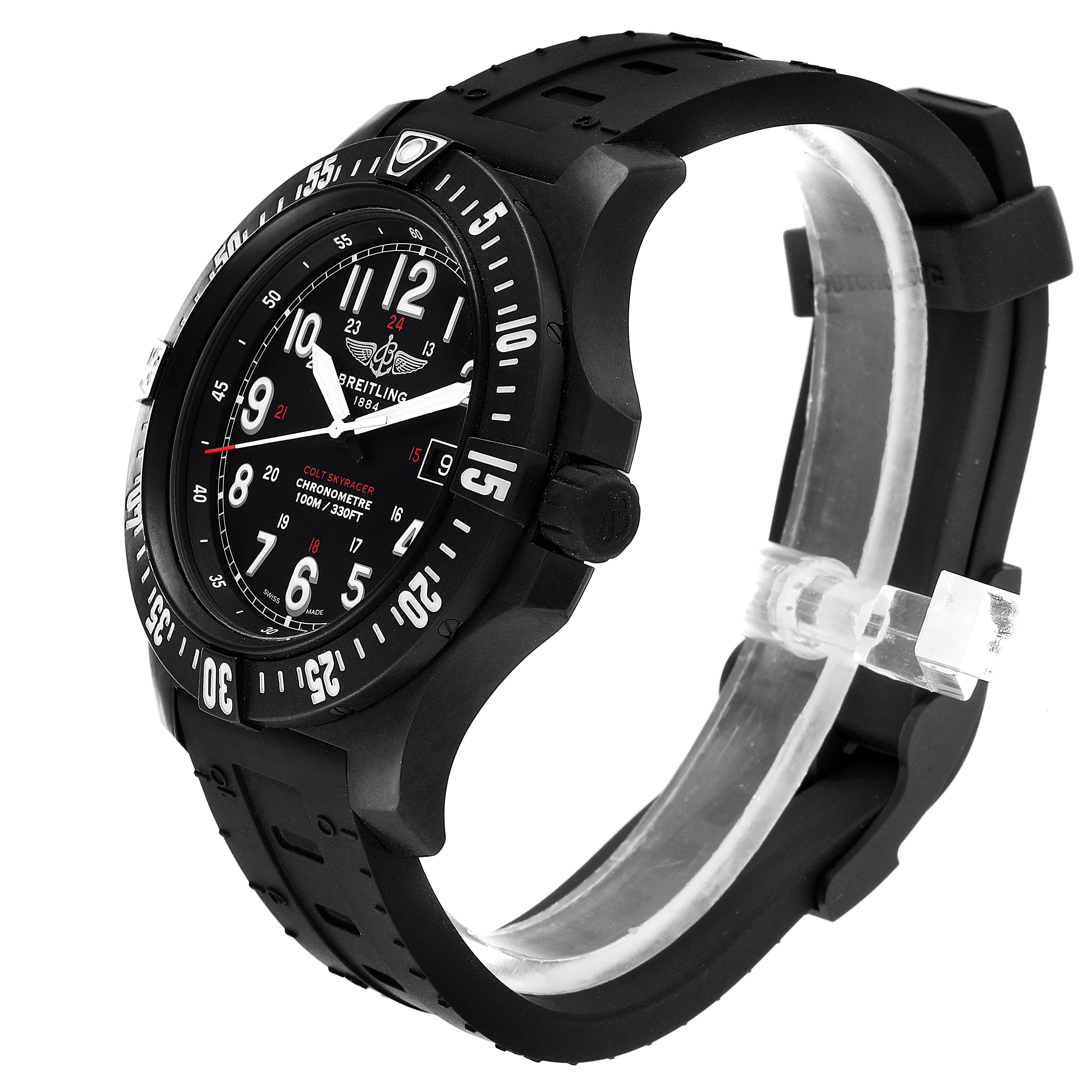 The image shows a Breitling Colt X74320 Men's Titanium Black Dial X74320 Men's Titanium Black Dial model watch from a side angle, highlighting the black case, dial, and rubber strap.