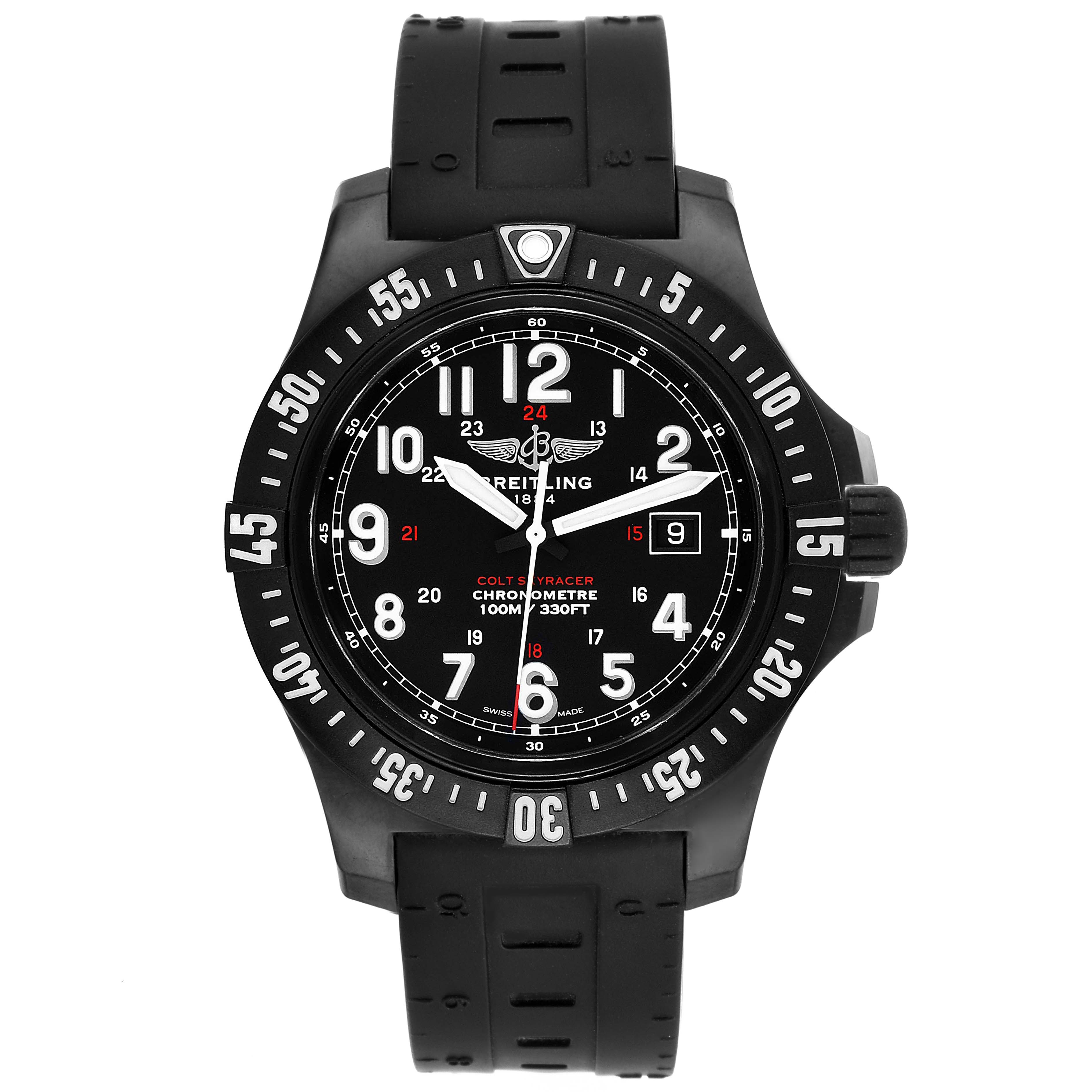 The image shows a front view of the Breitling Colt X74320 Men's Titanium Black Dial X74320 Men's Titanium Black Dial watch, displaying its face, bezel, and strap.