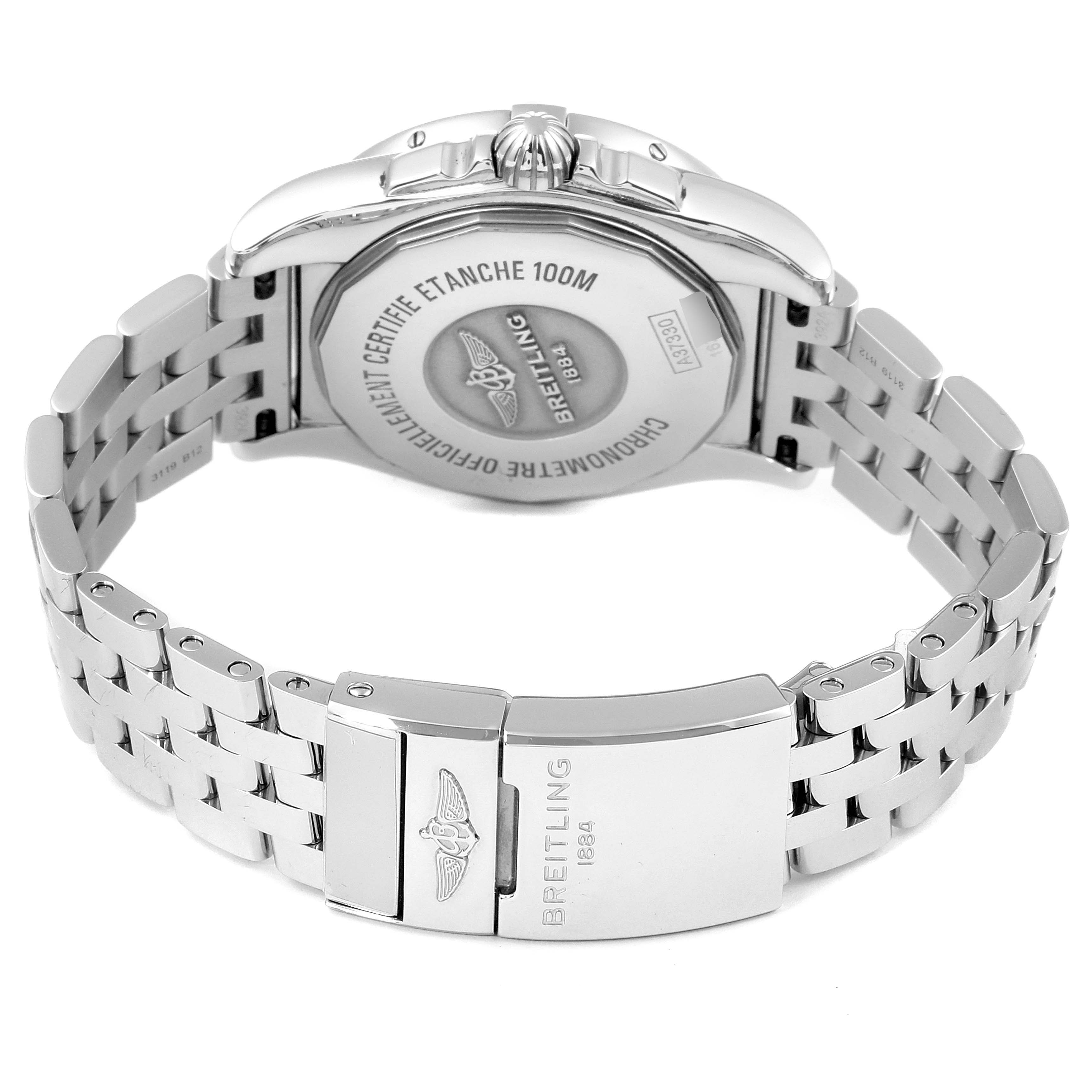 This image shows the back and side view of a Breitling A37330 Women's Stainless Steel Mother of Pearl Dial A37330 Women's Stainless Steel Mother of Pearl Dial Galactic 36 MOP Diamond Steel Ladies Watch A37330 Unworn model, highlighting the bracelet and clasp.