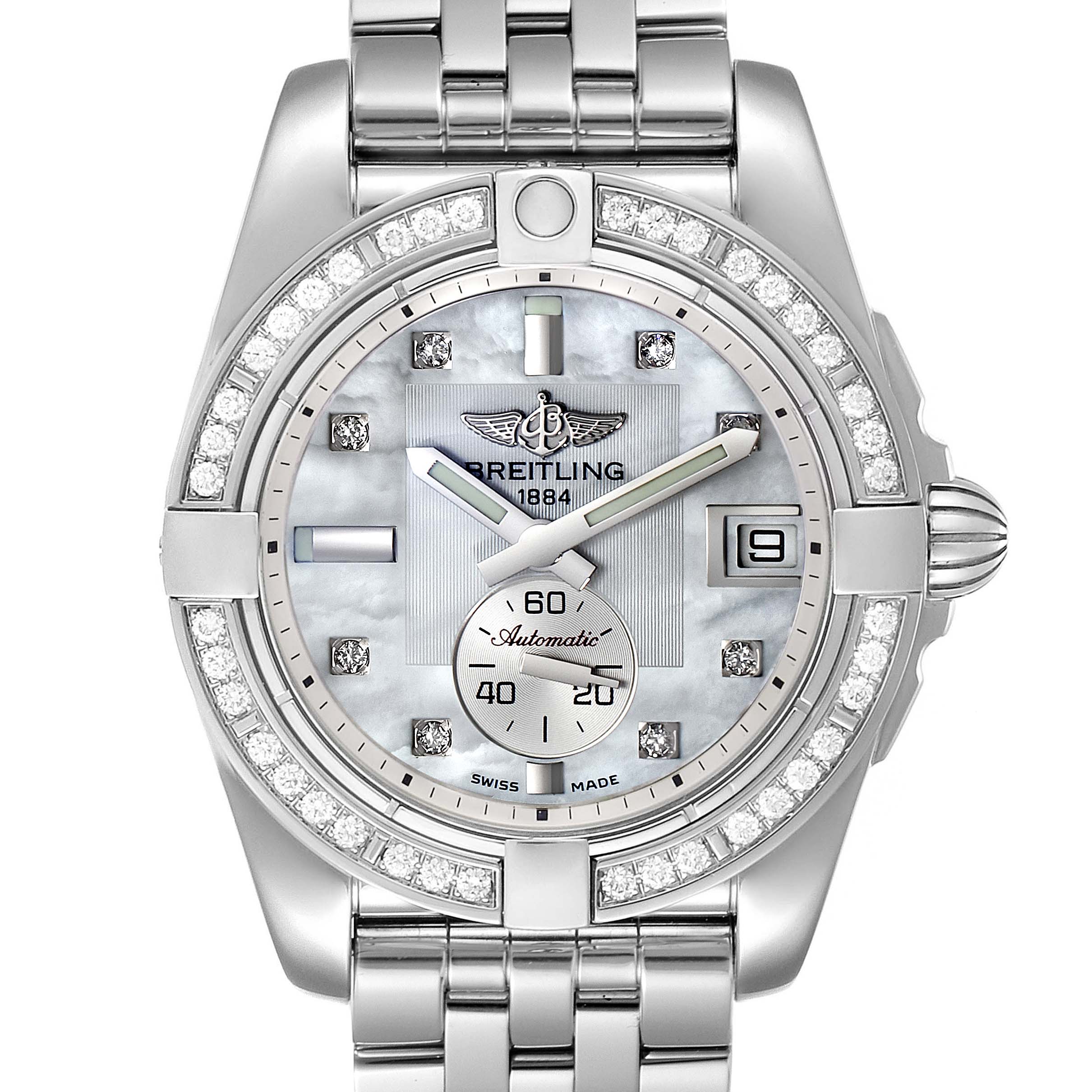 The image shows a close-up front view of a Breitling A37330 Women's Stainless Steel Mother of Pearl Dial A37330 Women's Stainless Steel Mother of Pearl Dial Galactic 36 MOP Diamond Steel Ladies Watch A37330 Unworn model.