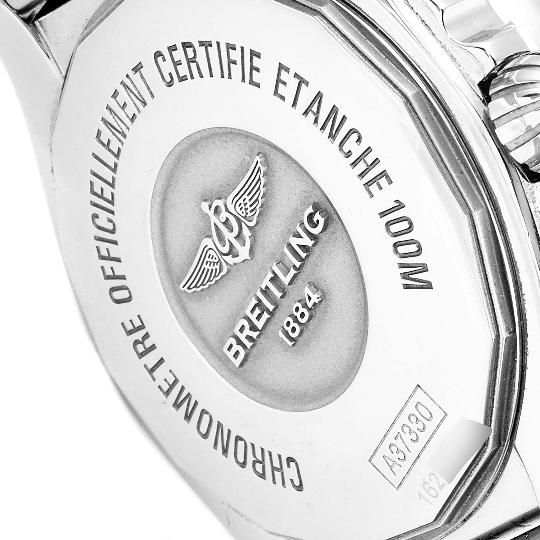 This image shows the back of the Breitling A37330 Women's Stainless Steel Mother of Pearl Dial A37330 Women's Stainless Steel Mother of Pearl Dial Galactic 36 MOP Diamond Steel Ladies Watch A37330, highlighting the inscriptions and logo.