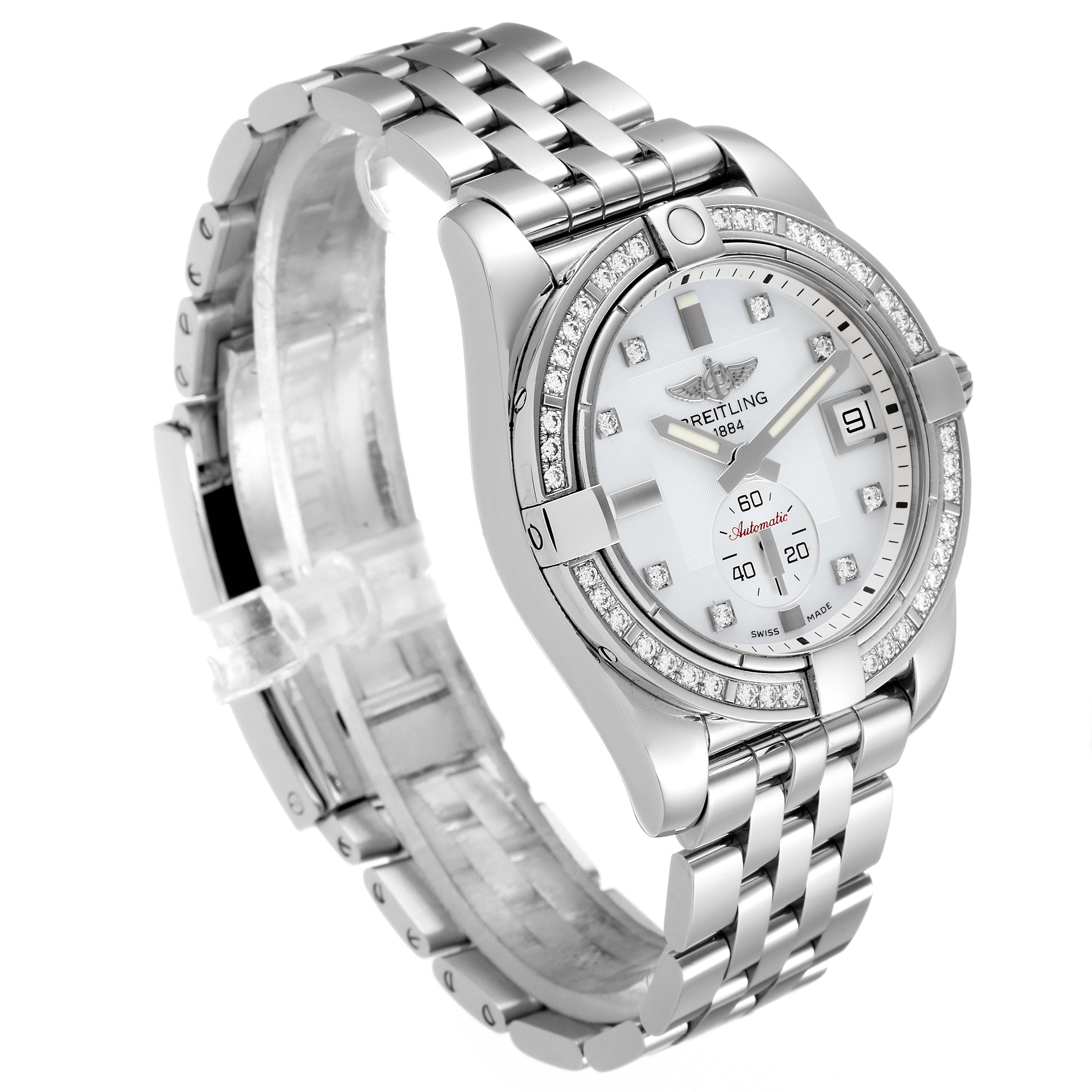 The Breitling A37330 Women's Stainless Steel Mother of Pearl Dial A37330 Women's Stainless Steel Mother of Pearl Dial Galactic 36 MOP Diamond Steel Ladies Watch A37330 is shown at an angle, highlighting the dial, case, and band.