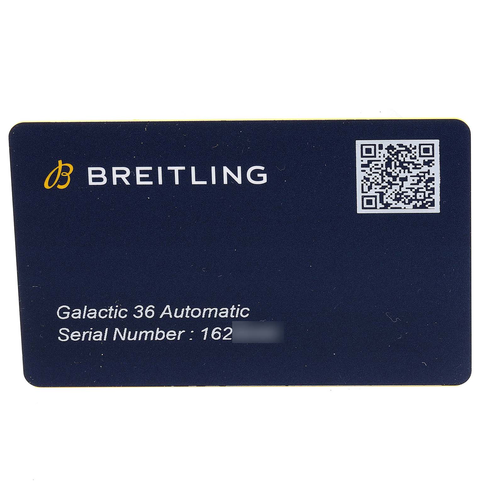 This image shows an authentication card for the Breitling A37330 Women's Stainless Steel Mother of Pearl Dial A37330 Women's Stainless Steel Mother of Pearl Dial Galactic 36 Automatic Ladies Watch model A37330.