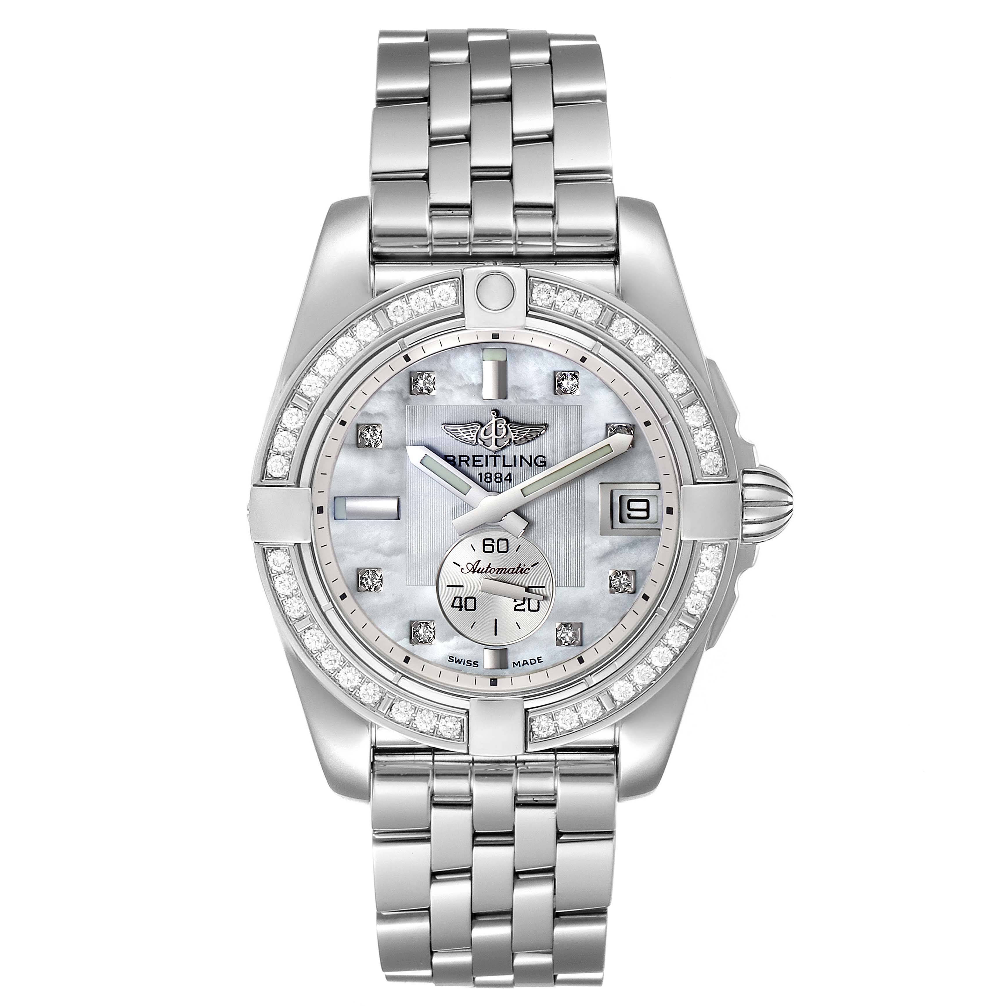 The image shows a front view of the Breitling A37330 Women's Stainless Steel Mother of Pearl Dial A37330 Women's Stainless Steel Mother of Pearl Dial Galactic 36 MOP Diamond Steel Ladies Watch A37330.