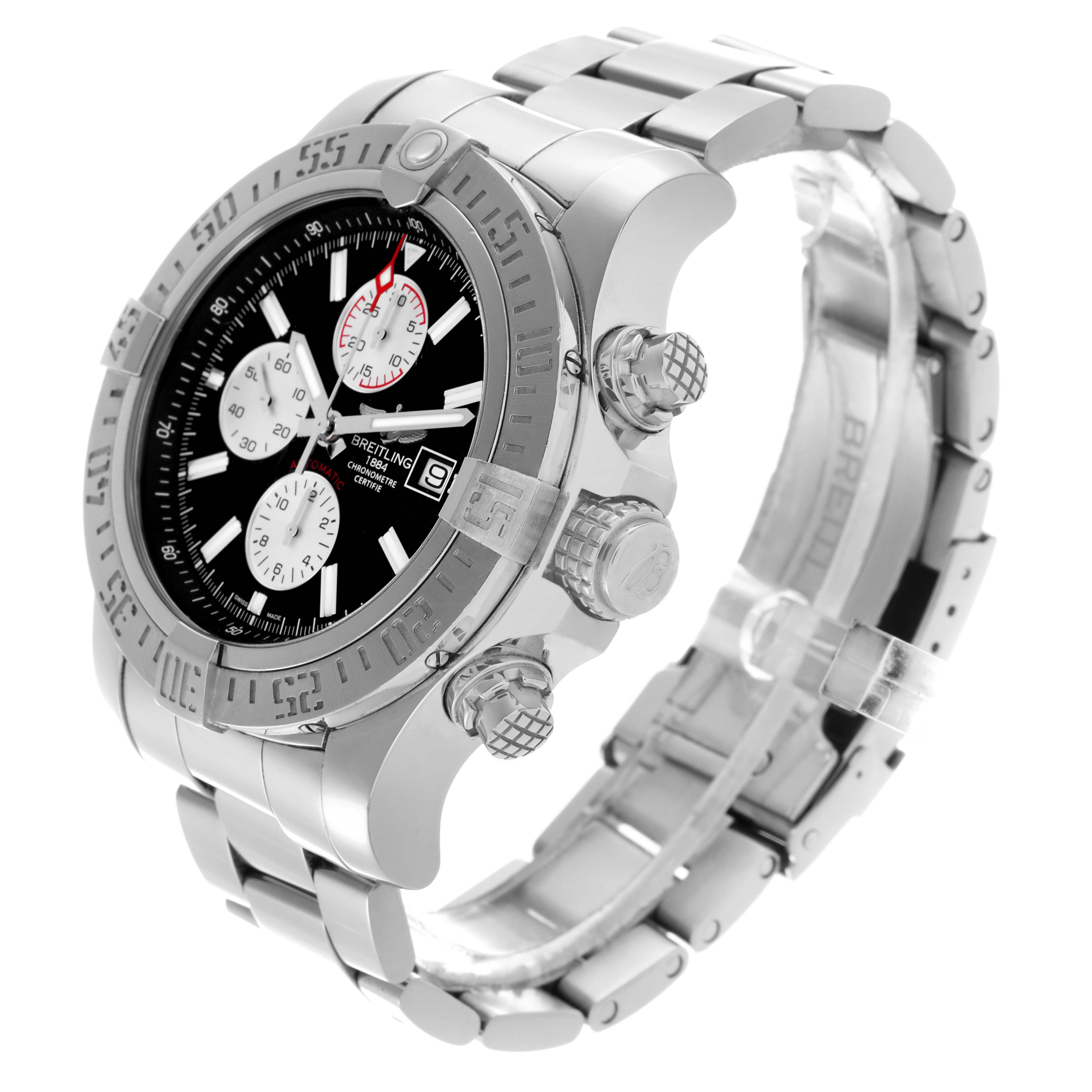 The Breitling Avenger A13371111B1A1 Men's Stainless Steel Black Dial A13371111B1A1 Men's Stainless Steel Black Dial watch is shown at an angle highlighting the face, bezel, crown, pushers, and bracelet.