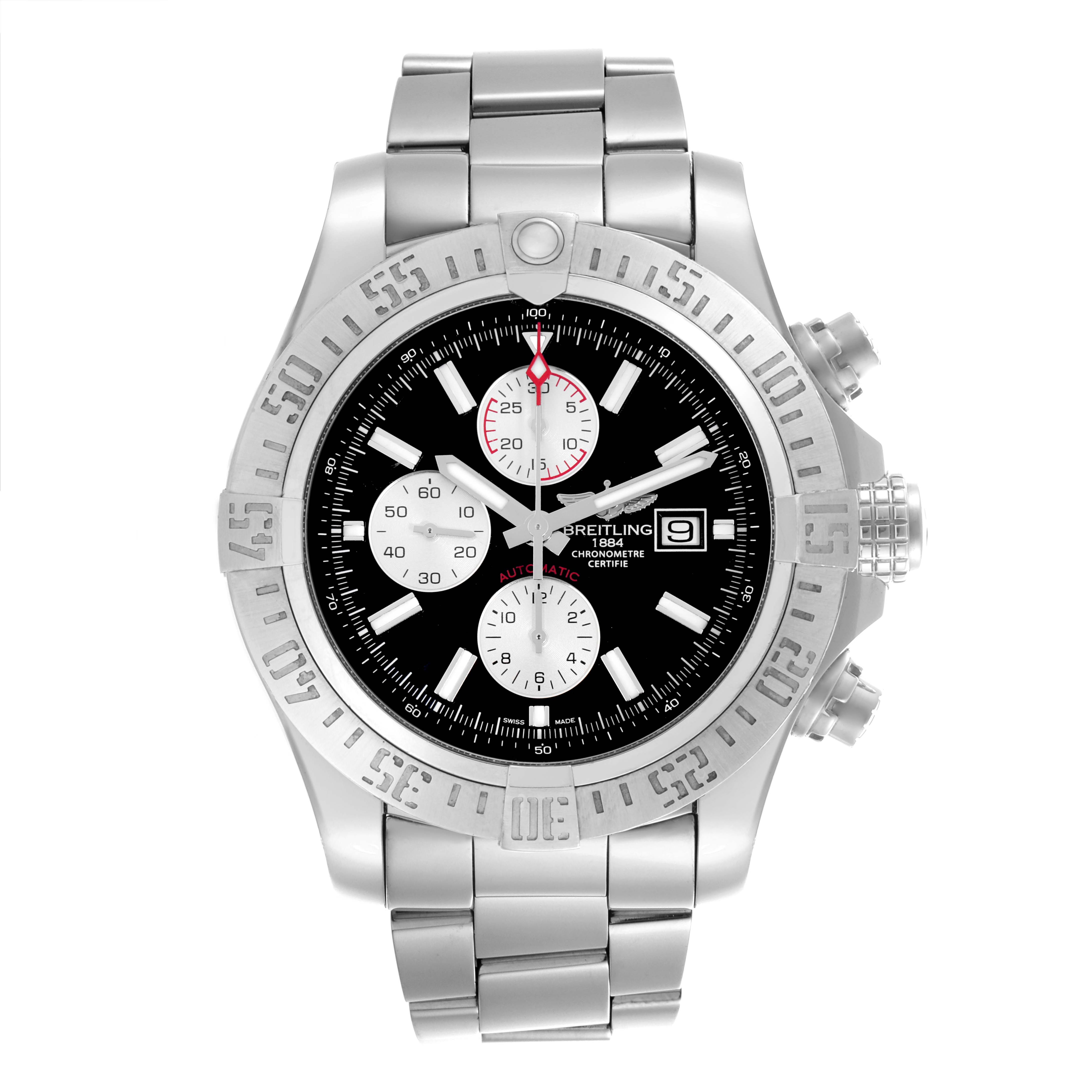 The Breitling Avenger A13371111B1A1 Men's Stainless Steel Black Dial A13371111B1A1 Men's Stainless Steel Black Dial watch is shown from a front angle, displaying the dial, bezel, crown, pushers, and bracelet.