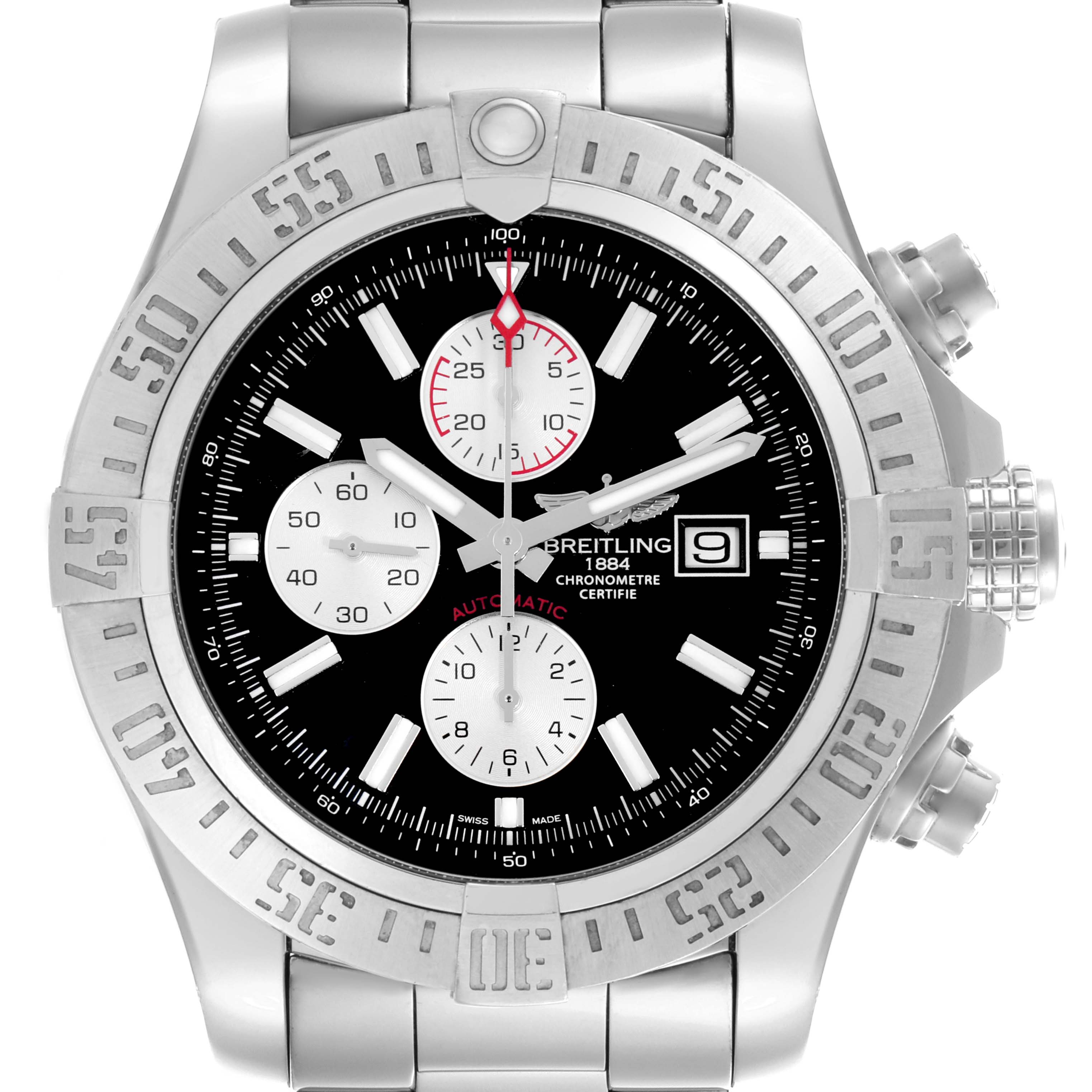 The Breitling Avenger A13371111B1A1 Men's Stainless Steel Black Dial A13371111B1A1 Men's Stainless Steel Black Dial watch is shown from the front, displaying its bezel, dial, subdials, hands, and crown.